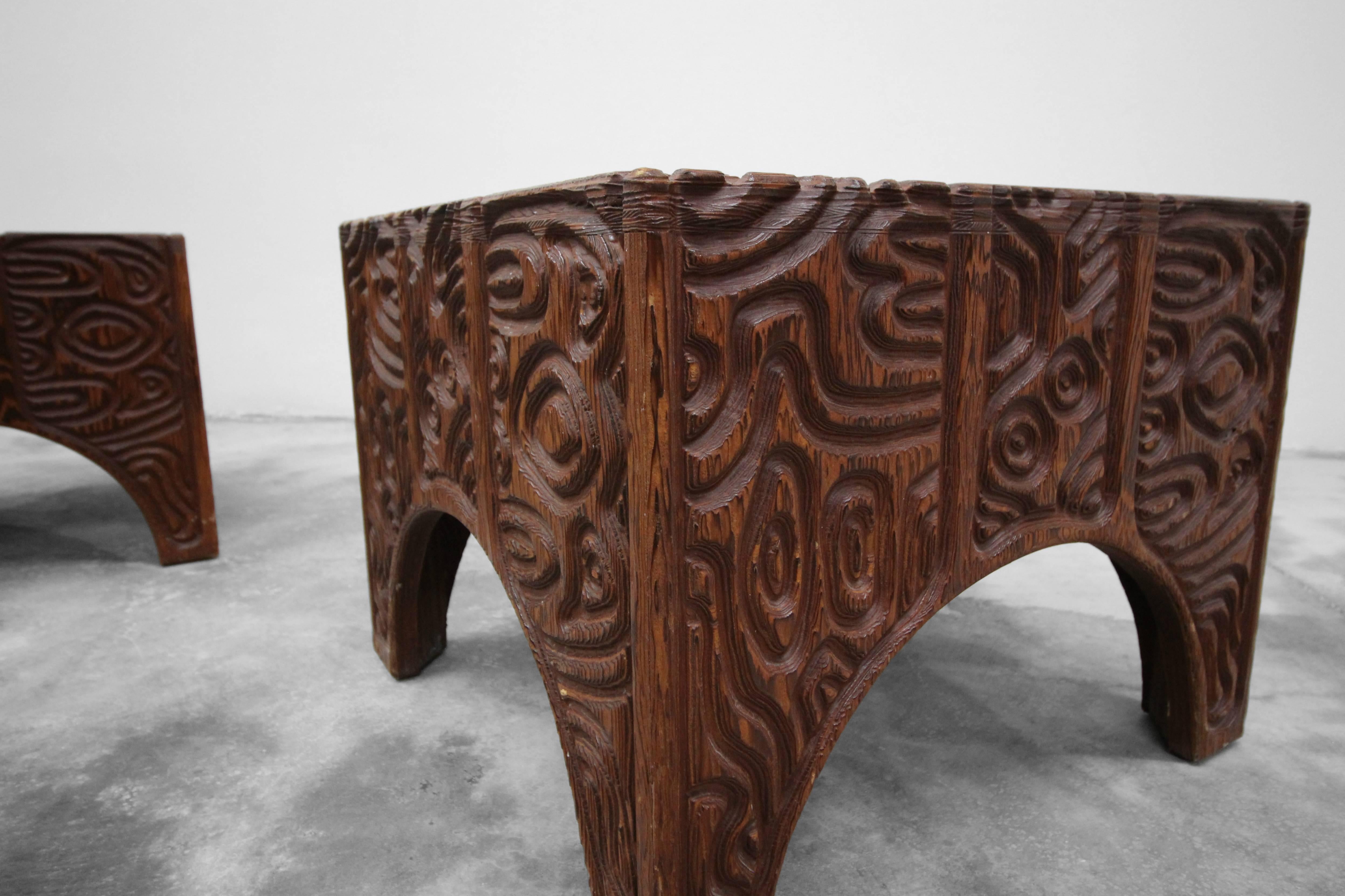 Pair of Midcentury Panelcarve Style Carved Wood End Tables by Sherrill Broudy In Excellent Condition In Las Vegas, NV