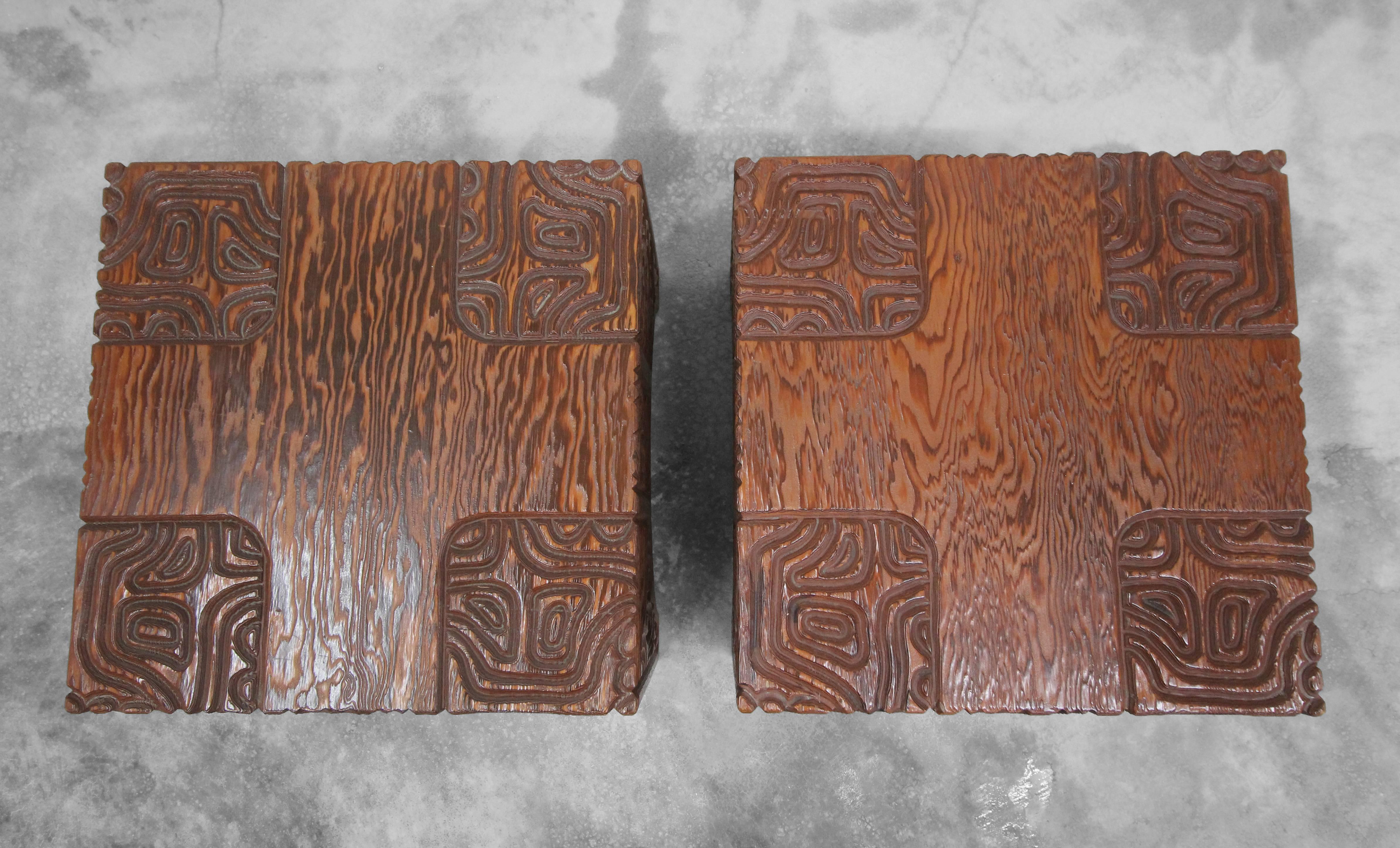 Pair of Midcentury Panelcarve Style Carved Wood End Tables by Sherrill Broudy 1