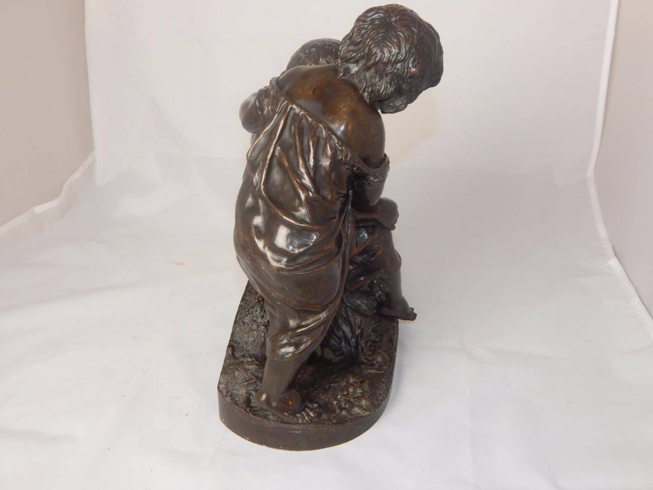 19th Century 1870 Beautiful Bronze Sculpture of 2 Children by Alexandre Schoenewerk For Sale