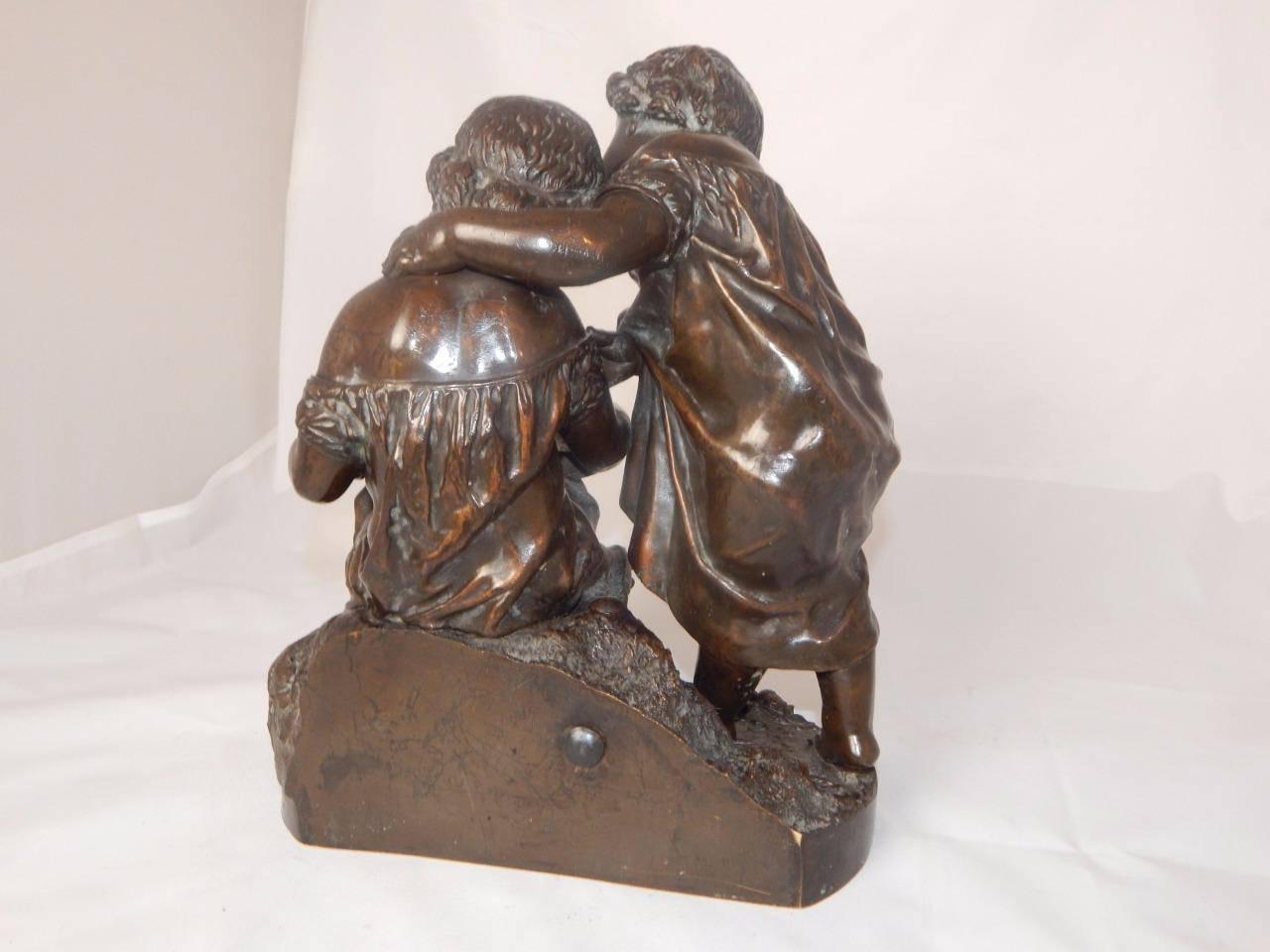 1870 Beautiful Bronze Sculpture of 2 Children by Alexandre Schoenewerk For Sale 1