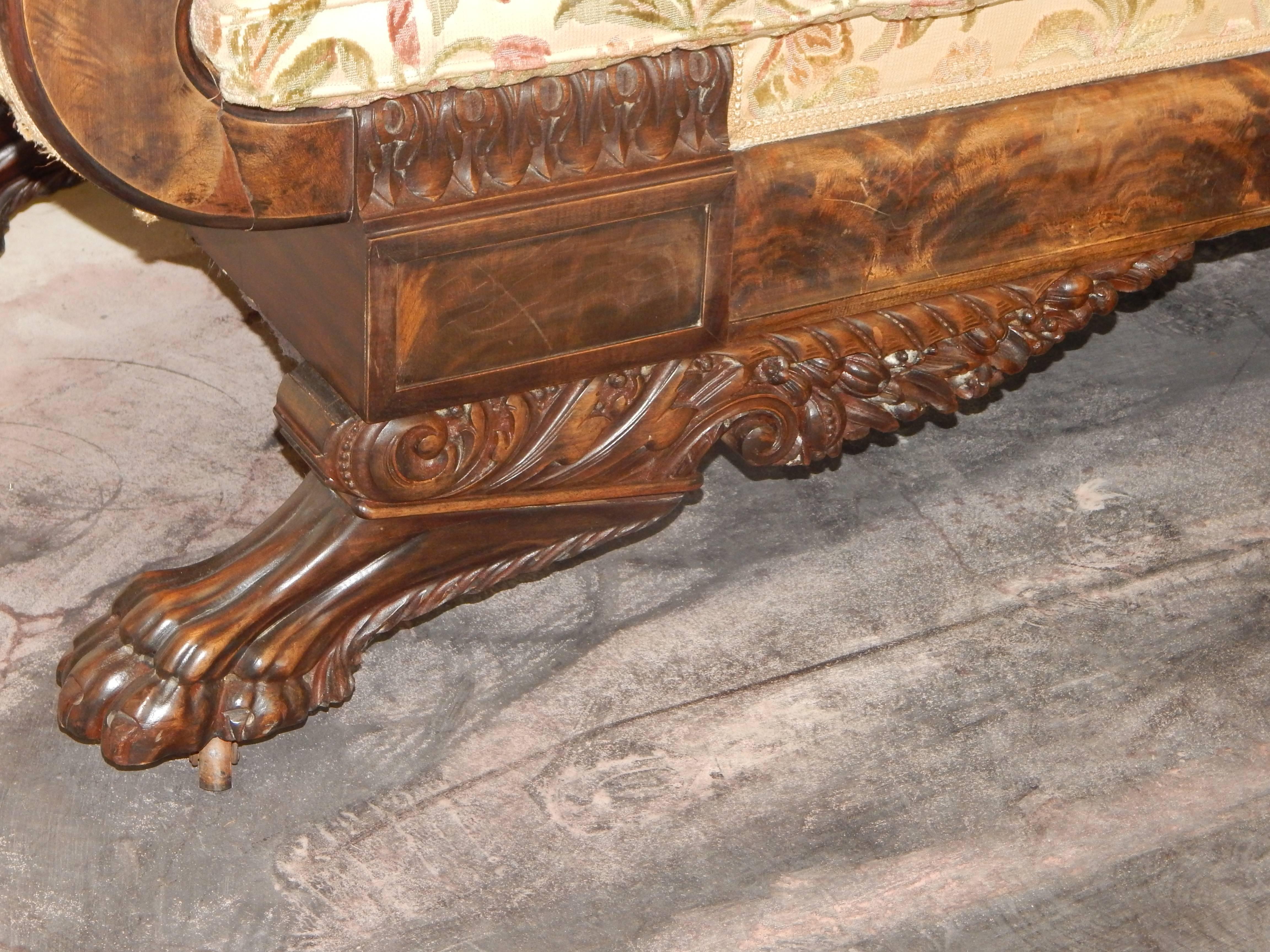 American Empire Carved Mahogany Settee For Sale 2