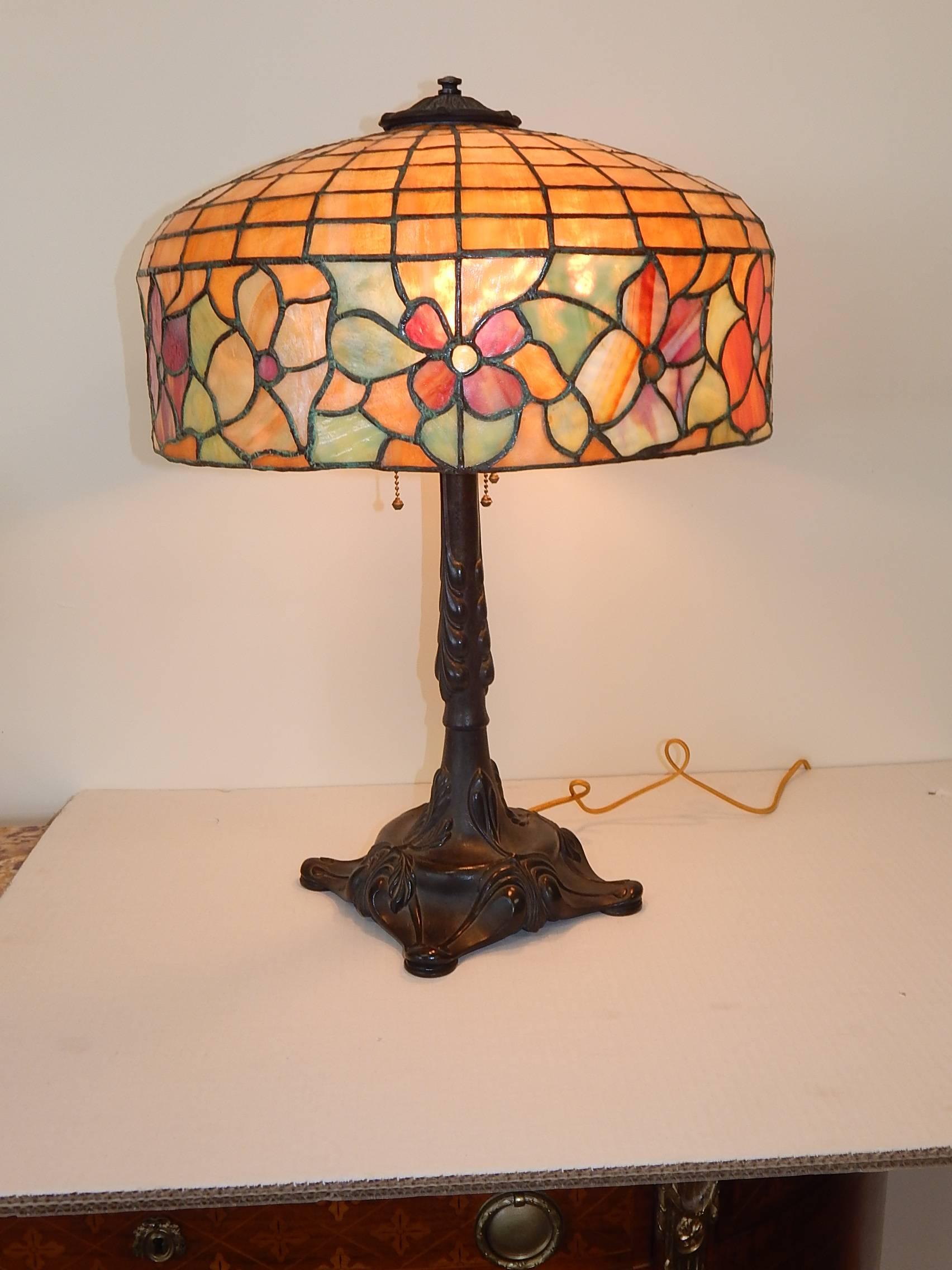 Stained Glass Tiffany Style Leaded Glass Table Lamp by Bradley & Hubbard For Sale