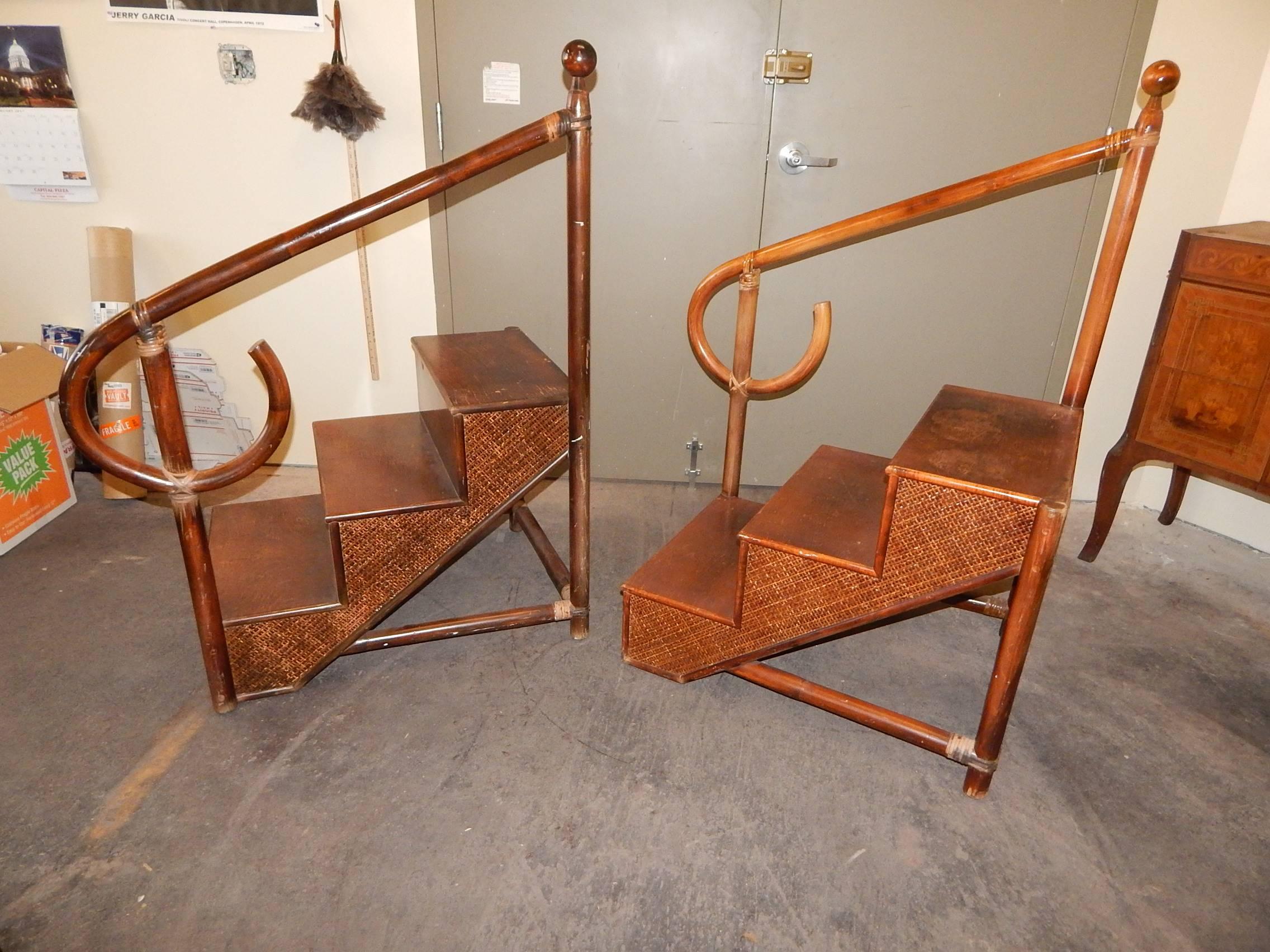 A hard to find and unusual pair of library steps made from bentwood, in faux bamboo style, with wicker panels, along with faux bamboo bentwood banister.