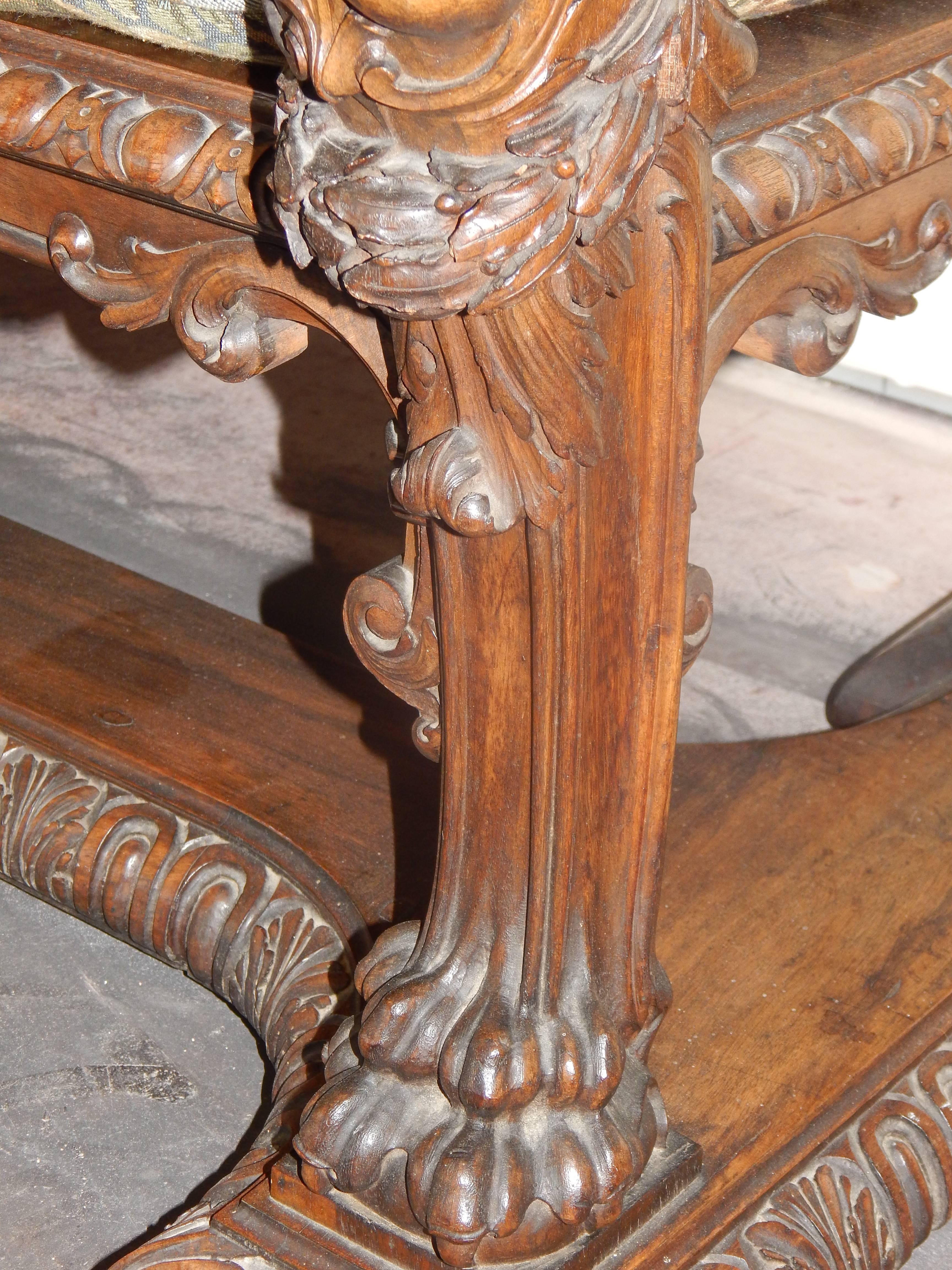 Huge and Incredibly Carved Walnut Hall Bench or Settee with Female Faces For Sale 2