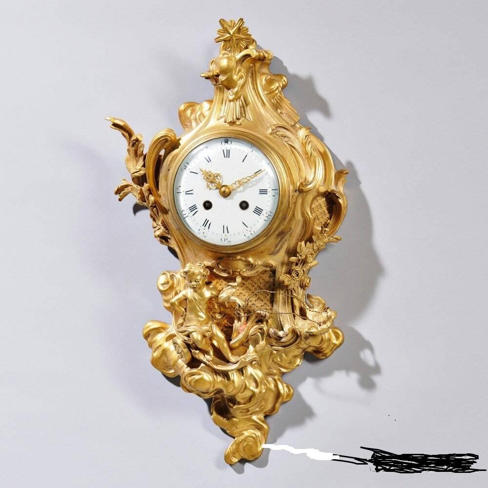 Louis XV Style Doré Bronze Cartel Clock with Putti on a Chariot by Vincenti In Good Condition In Bridgeport, CT