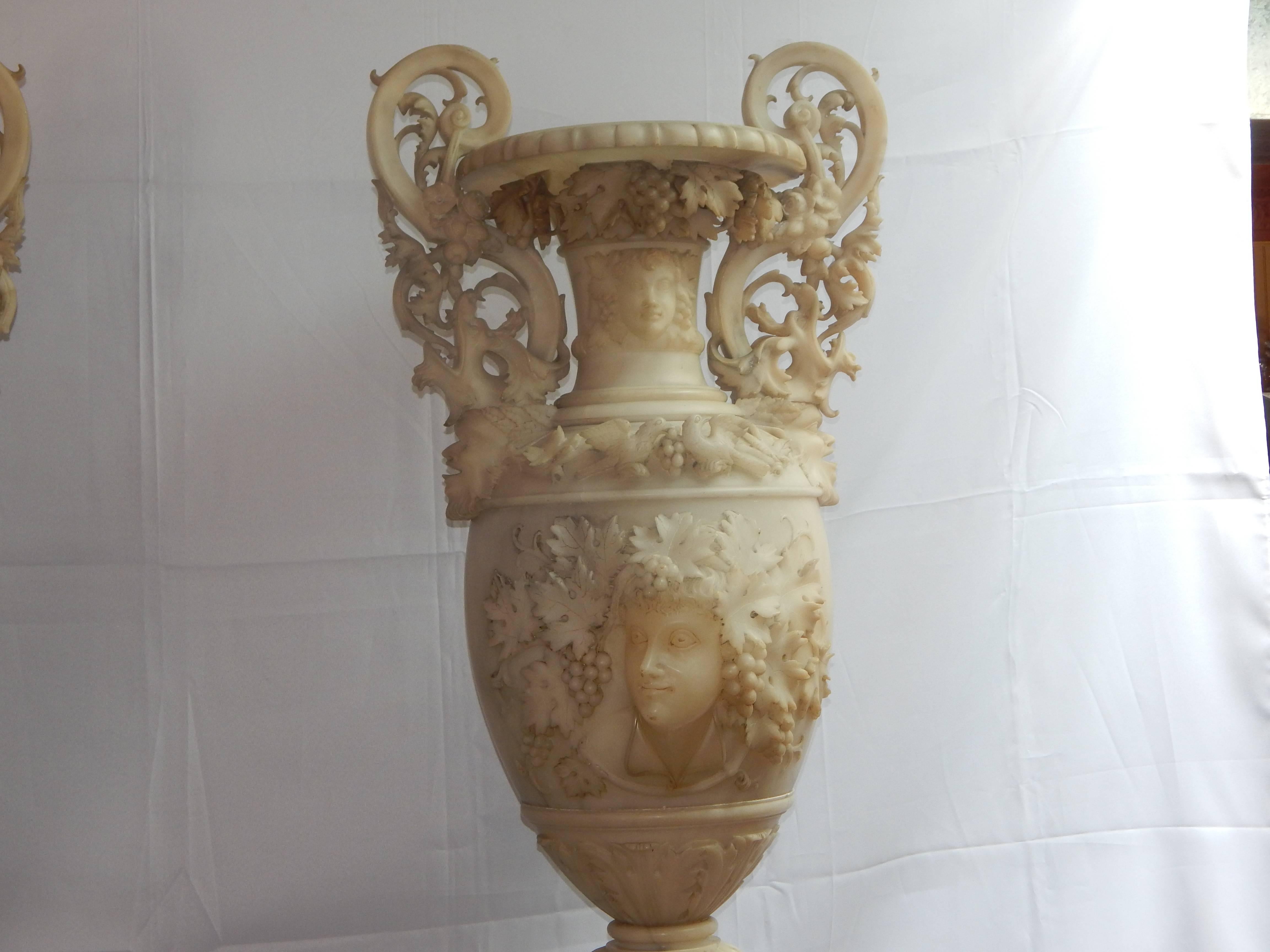Italian Monumental Pair of Carved Alabaster Urns and Pedestals