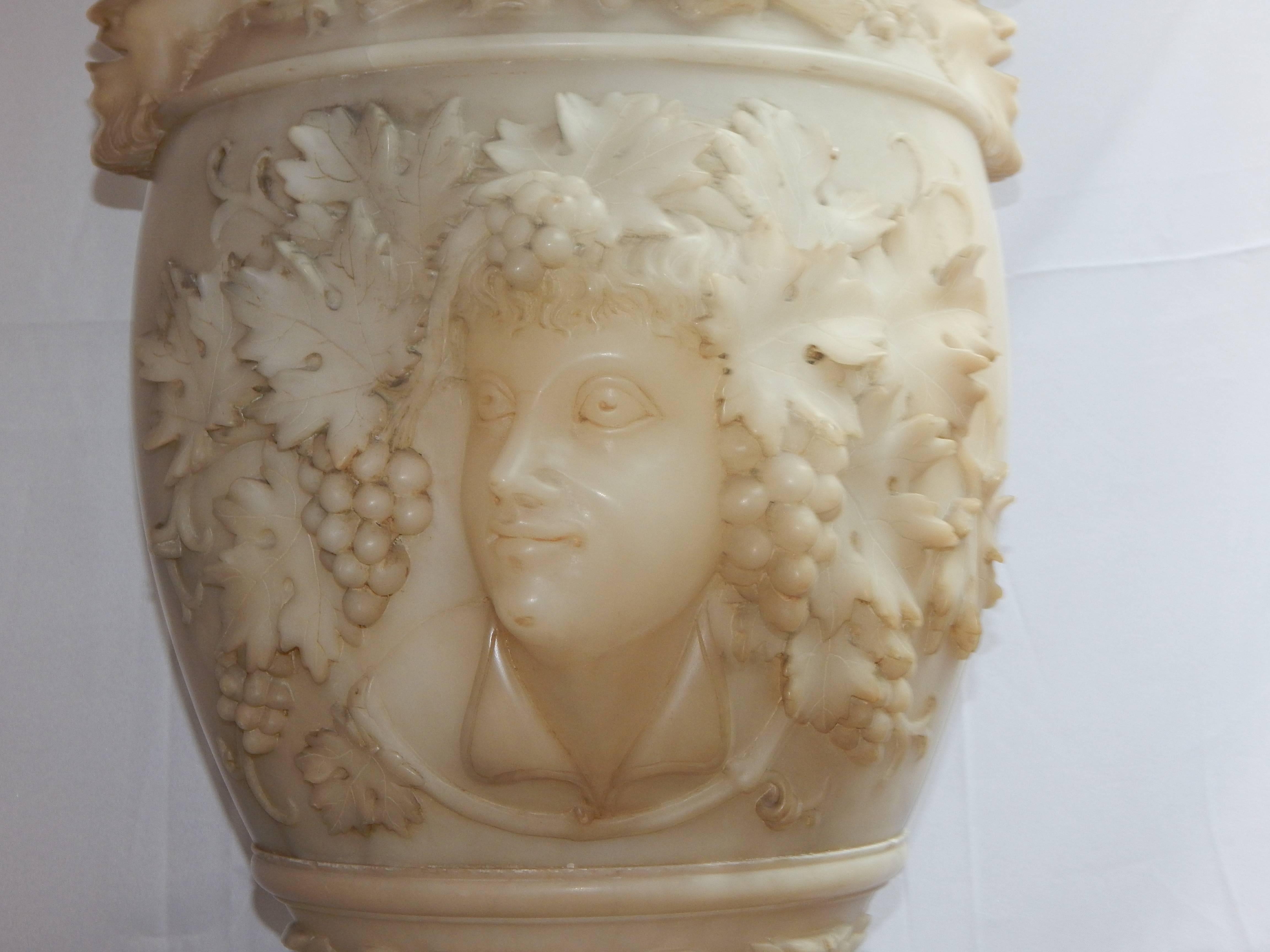Monumental Pair of Carved Alabaster Urns and Pedestals In Good Condition In Bridgeport, CT