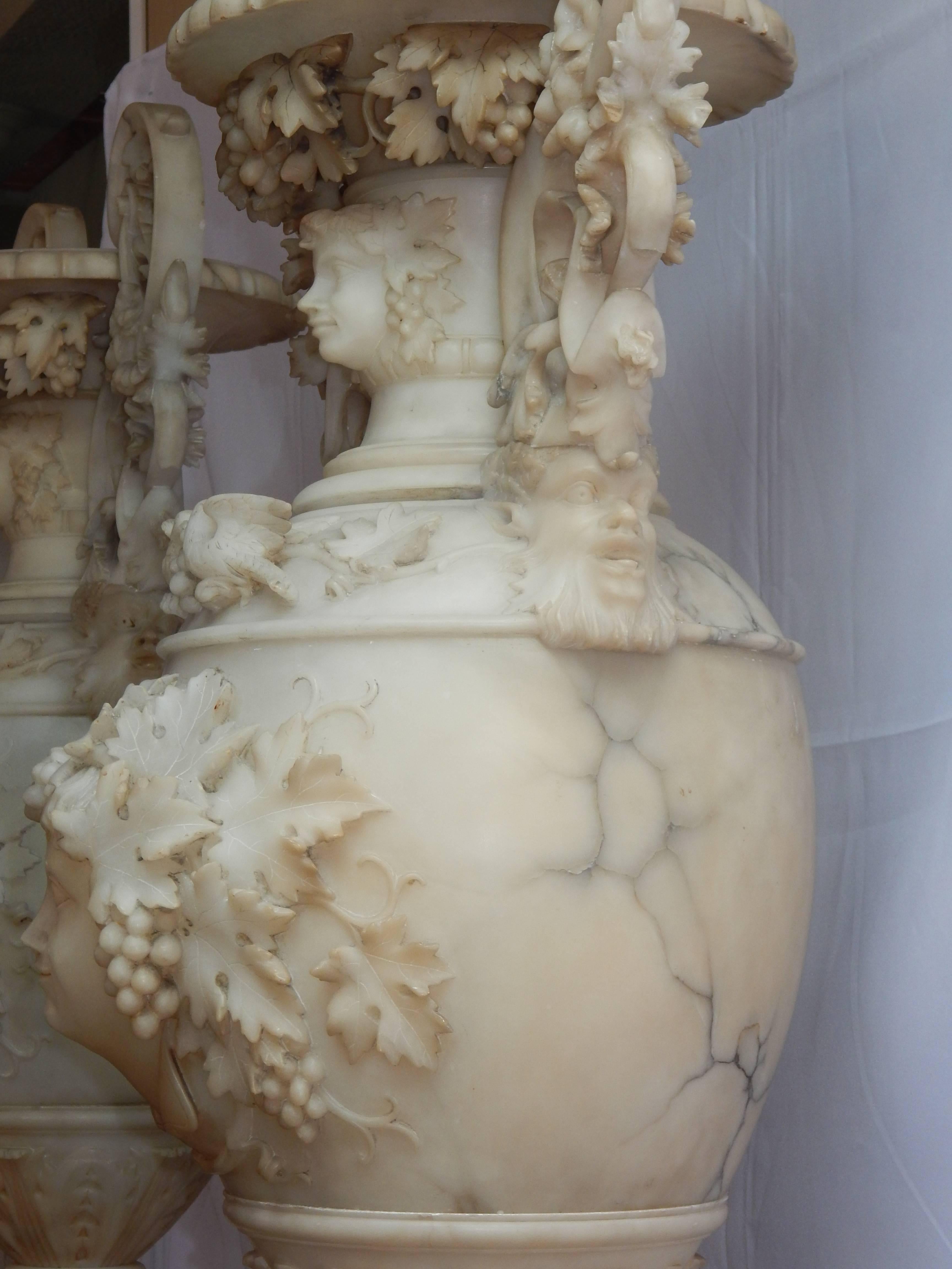 Monumental Pair of Carved Alabaster Urns and Pedestals 4