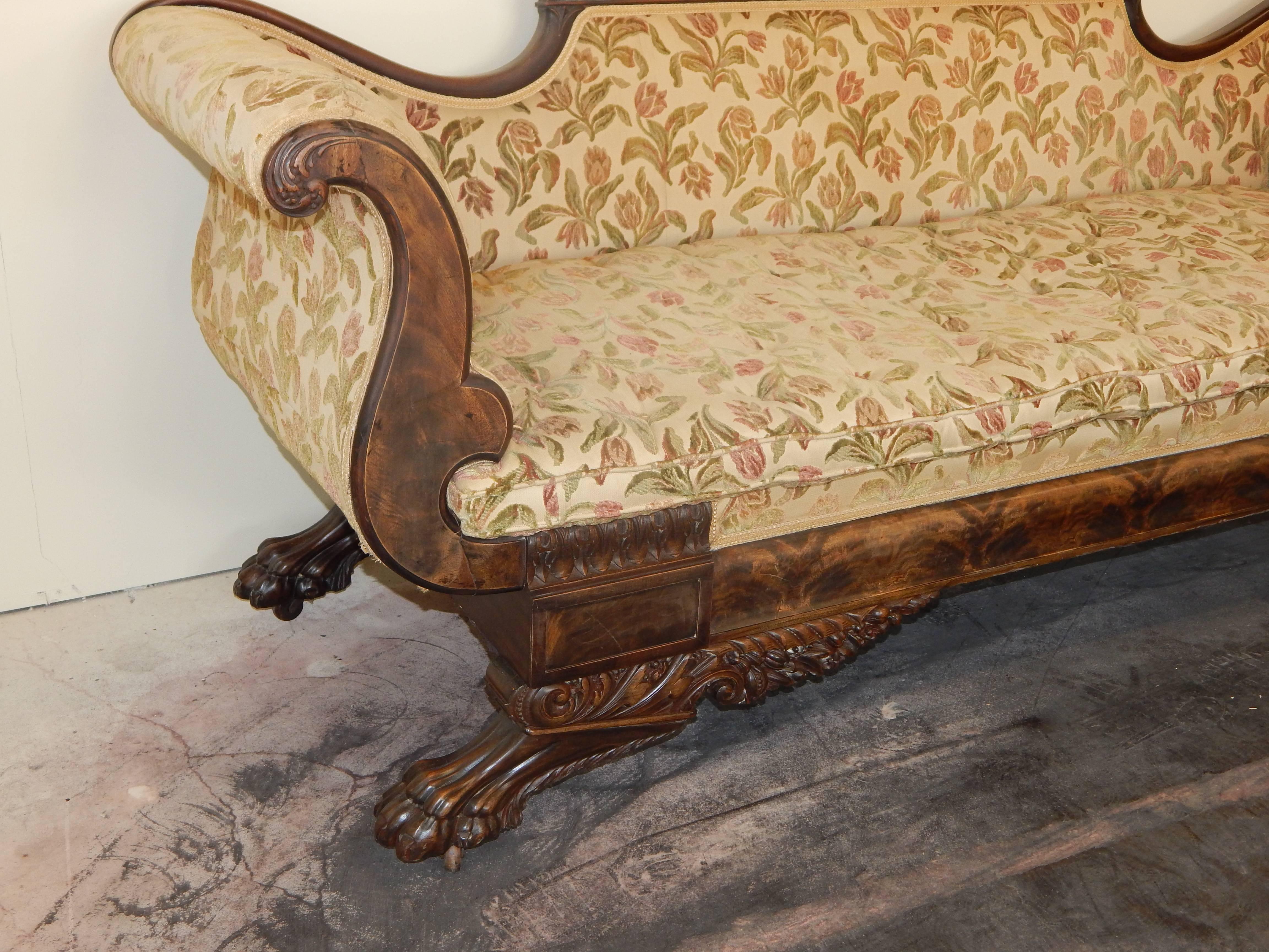 19th Century  American Empire Carved Mahogany Settee For Sale