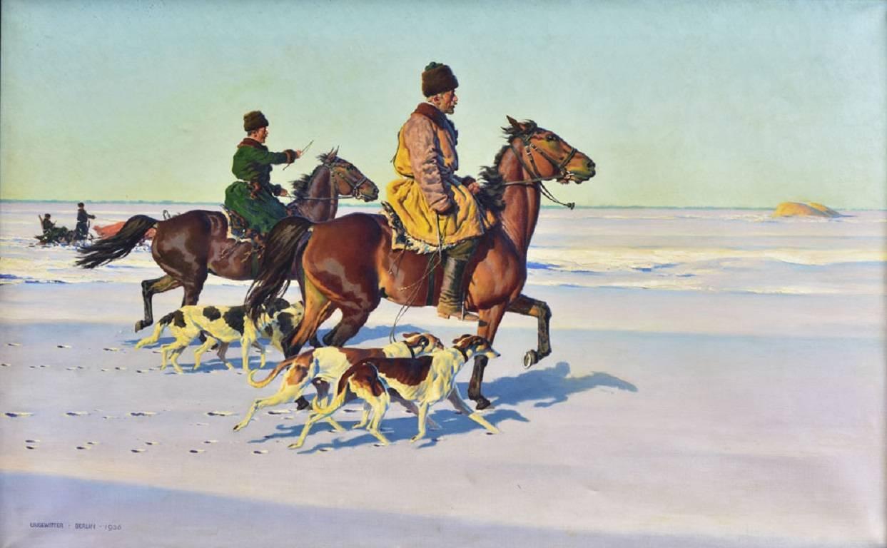 We are pleased to offer here a large and magnificent original, authentic oil painting of Russain Cossak's on their horses with dogs in the snow by the extremely well know German artist Hugo Ungewitter.
This painting is signed and dated, and sits in