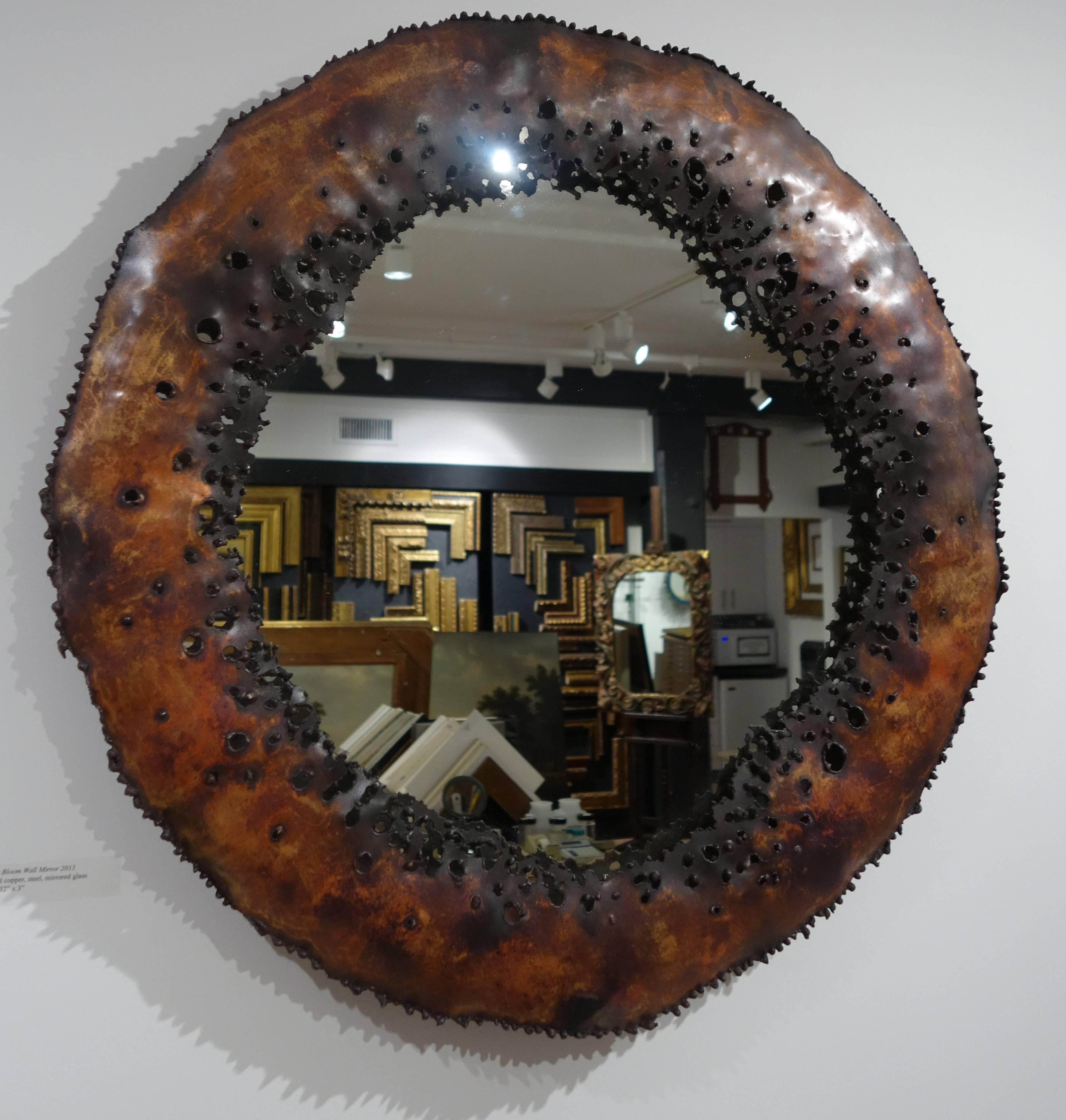 Original torch cut steel wall mirror by James Anthony Bearden.
Handmade original sculpture in the Brutalist style.