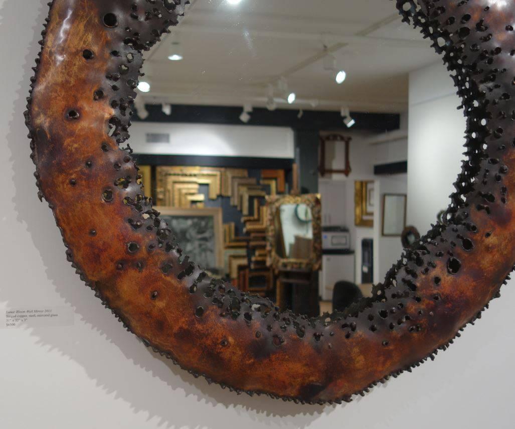 Original one of a kind wall sculpture mirror by James Anthony Bearden. In the Brutalist Mid-Century style. Handmade of singed copper and steel.