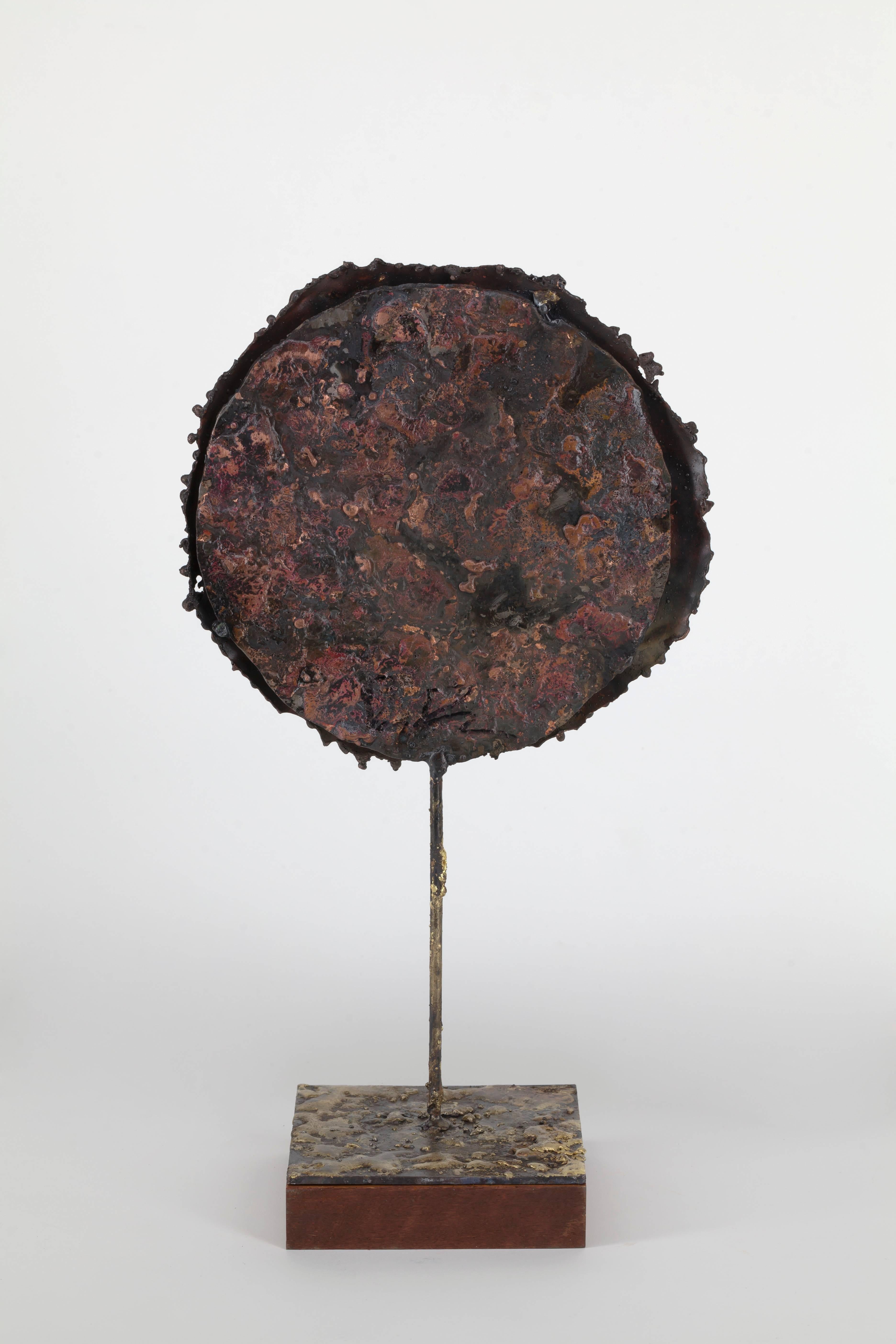 Original sculpture by James Anthony Bearden. Lunar bloom series tabletop mirror made from torch-cut steel and copper.
