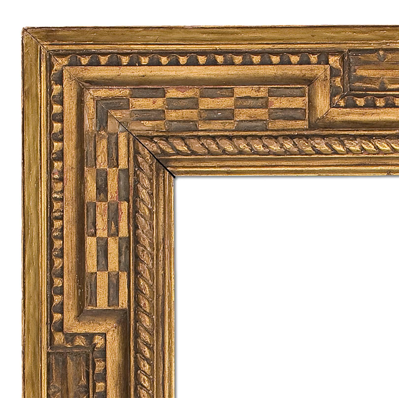 Early 20th century style Arts & Crafts carved and gilt mirror with Dutch extended corner design. Measures : 30