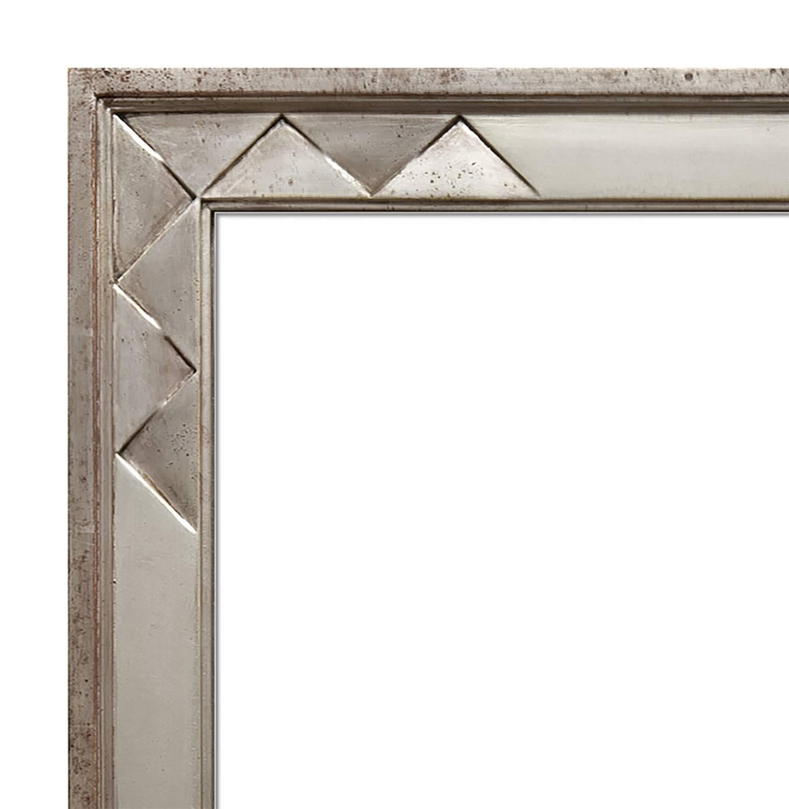 Contemporary carved wood white gold mirror frame with pyramid ornament corners. 28