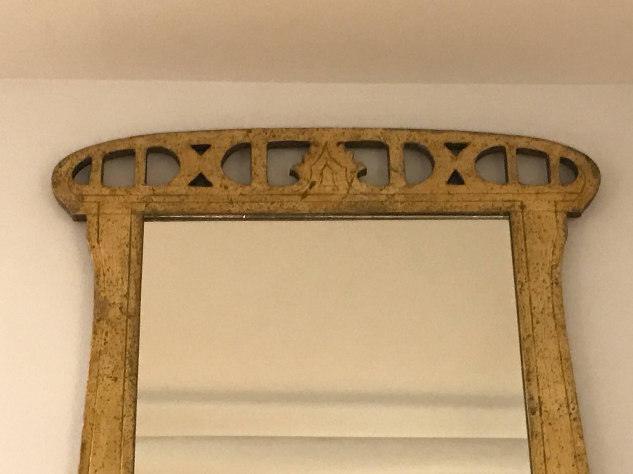 hand carved and gild early 20th century Art Nouveau mirror, made in Spain. Original water gilt surface is in excellent condition.
Outside dimensions 30 1/4