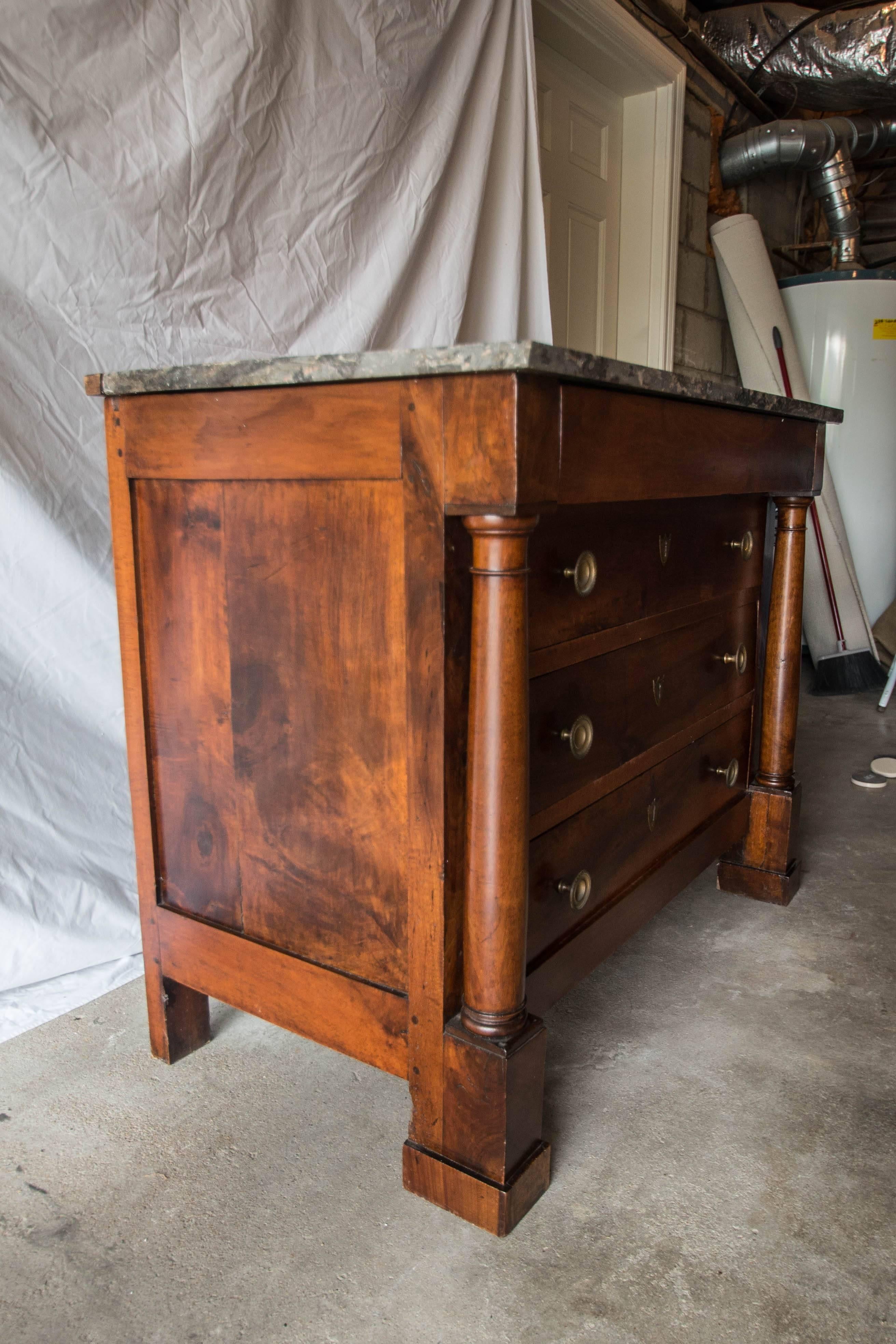19th Century French Walnut Empire Commode with Marble Top In Excellent Condition In Nashville, TN