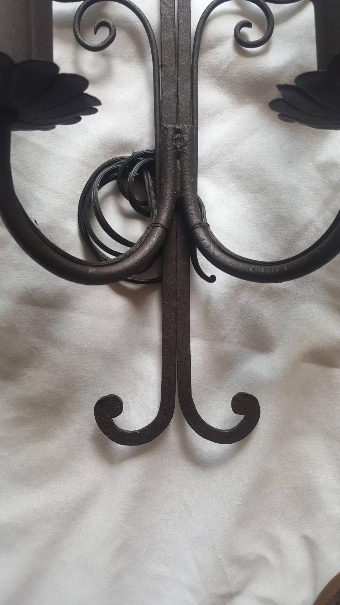 Pair of French Iron Two-Arm Sconces In Excellent Condition In Nashville, TN
