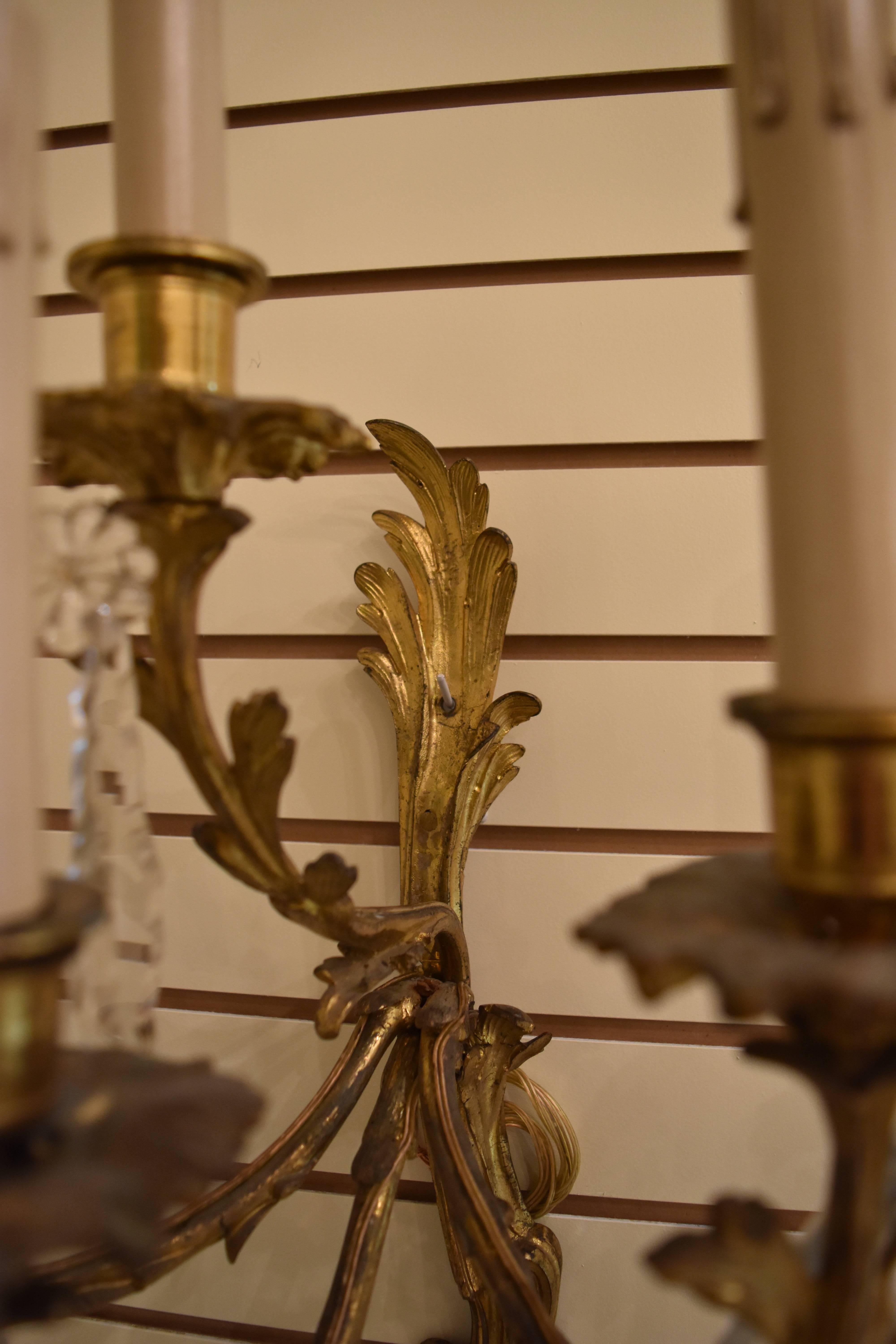 This pair of Louis XV style four-arm wall sconces has been newly rewired for American use. Each arm features a lovely scrolling leaf motif.