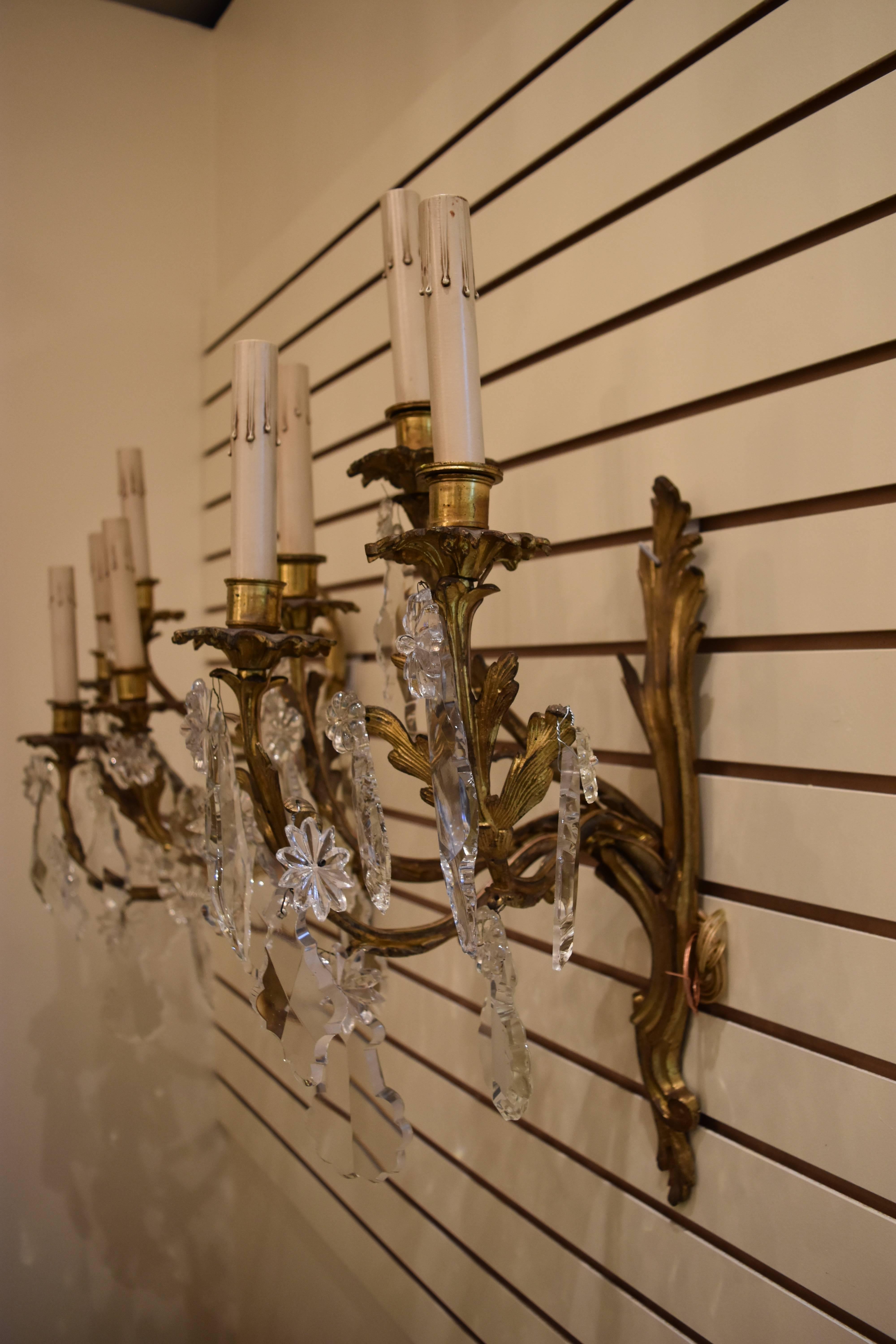 20th Century Pair of French Bronze and Crystal Sconces