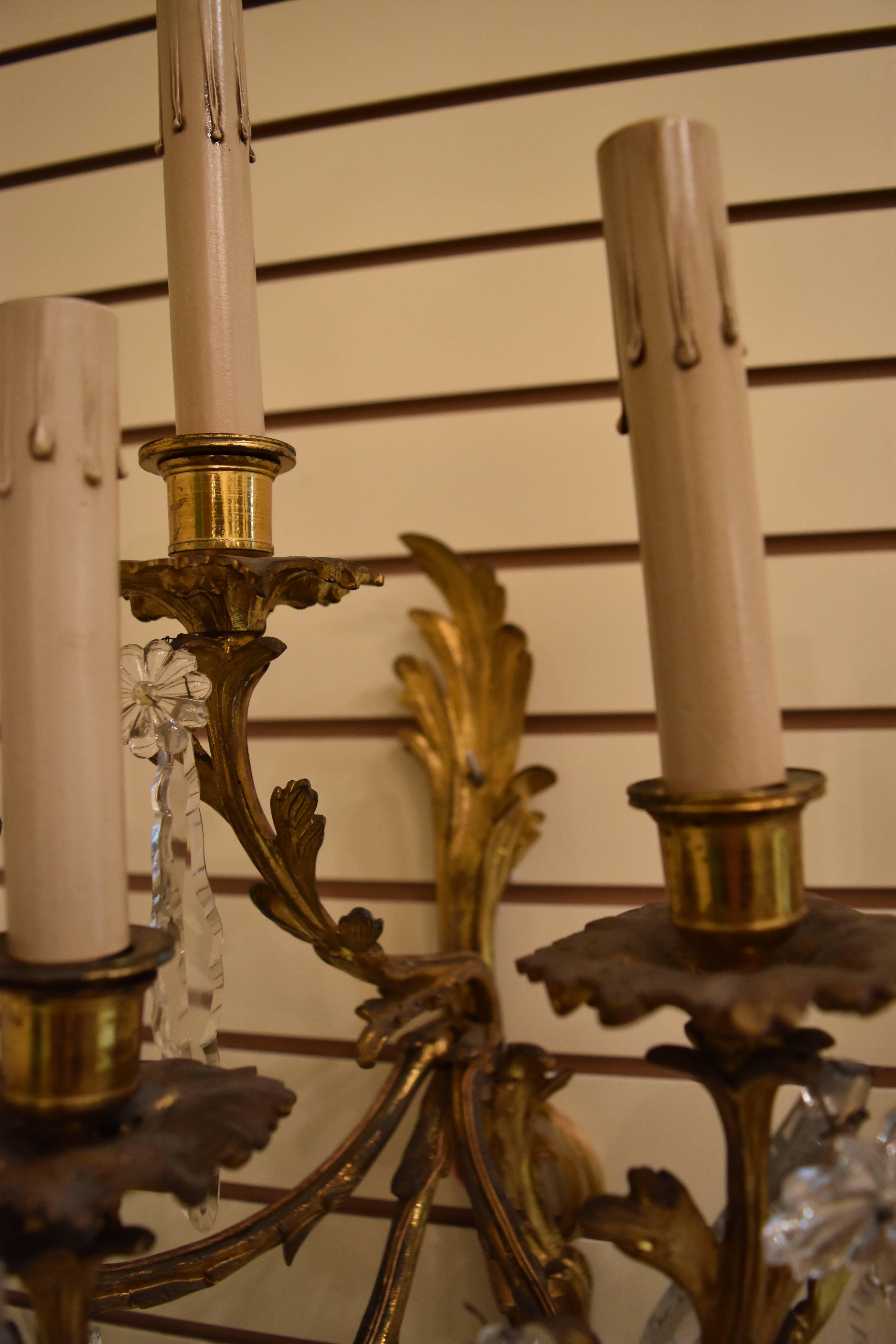 Pair of French Bronze and Crystal Sconces 2
