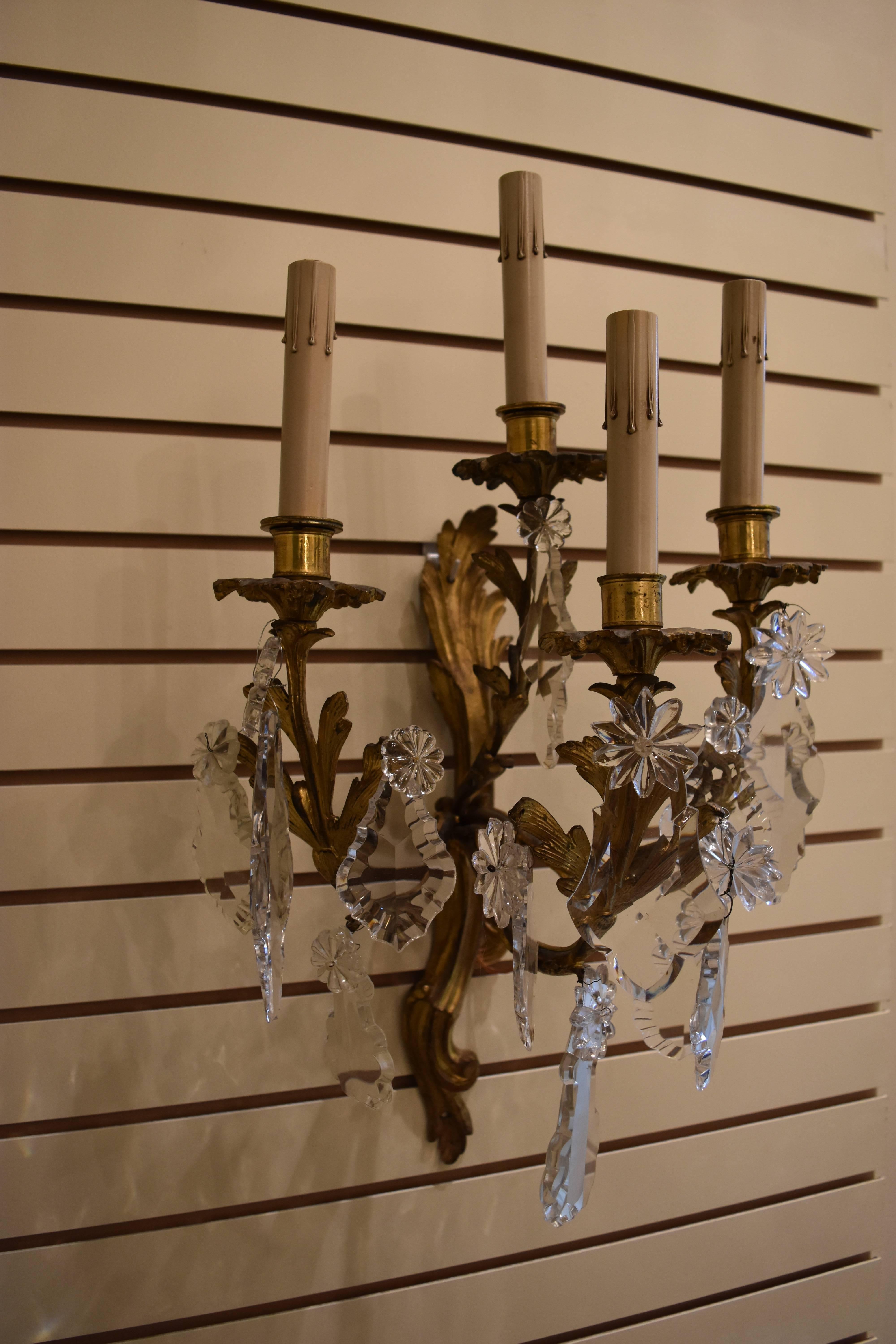 Pair of French Bronze and Crystal Sconces In Excellent Condition In Nashville, TN