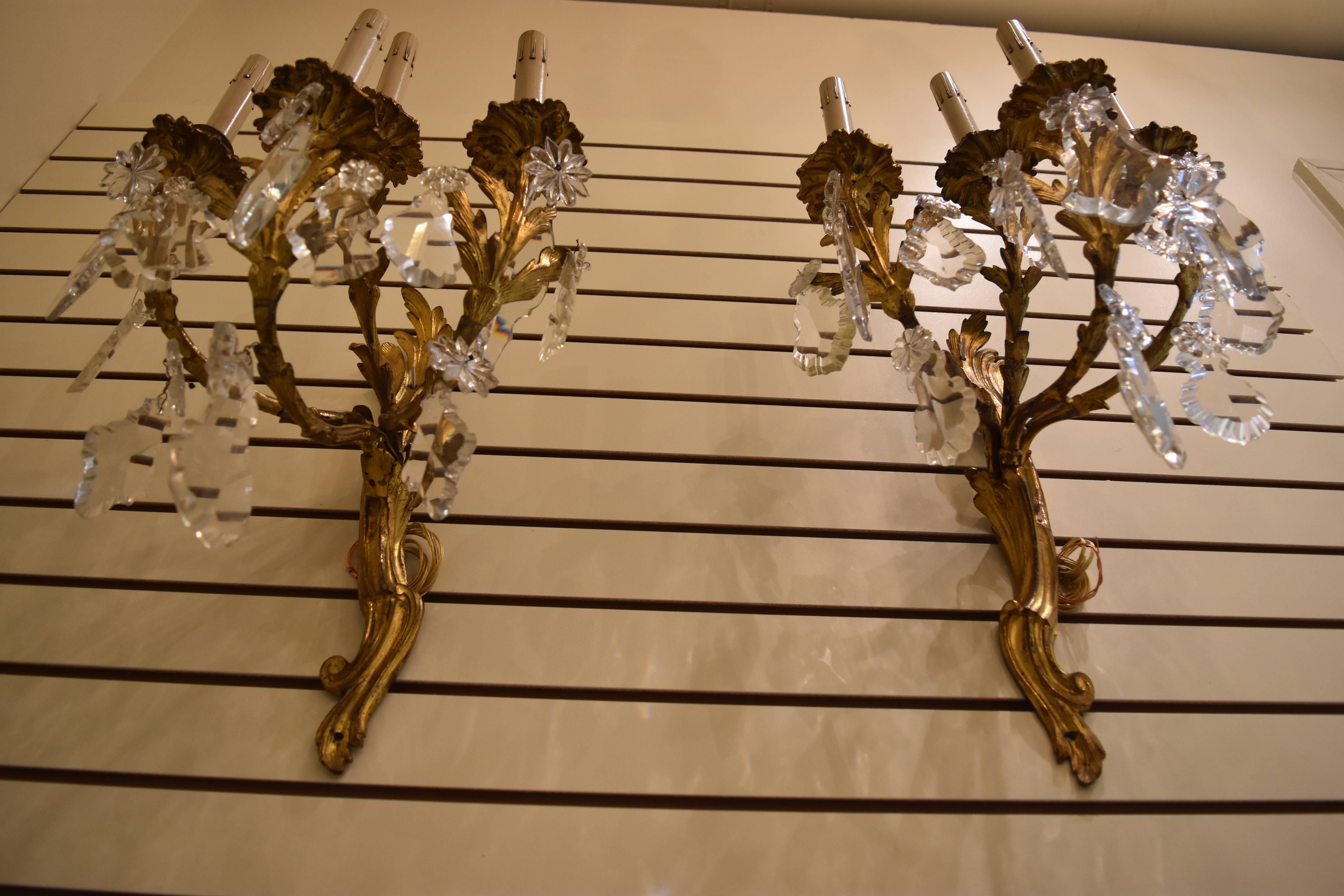 Pair of French Bronze and Crystal Sconces 3
