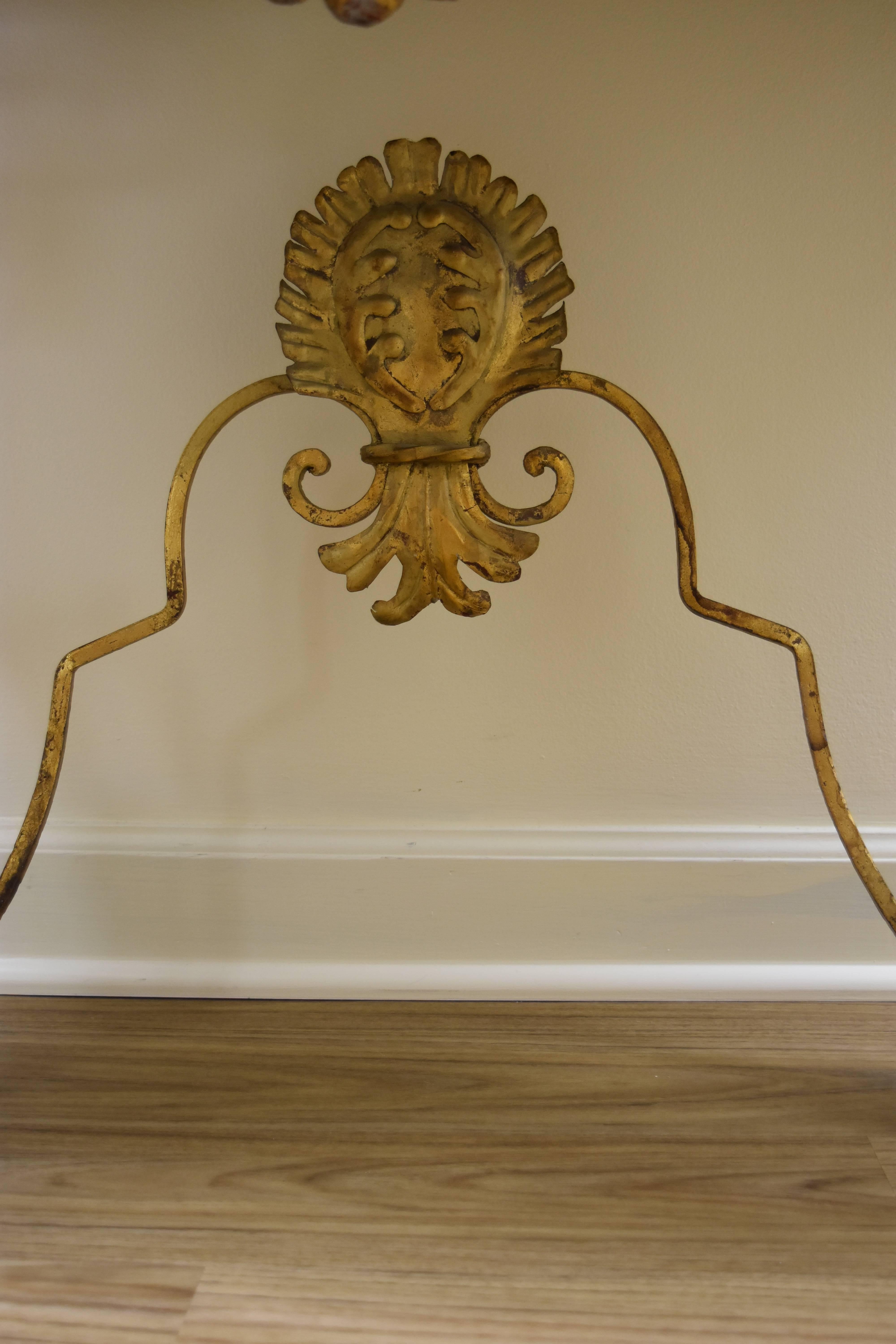 Pair of French Gilt Iron Wall-Mounted Consoles with Faux Painted Marble Top In Excellent Condition In Nashville, TN