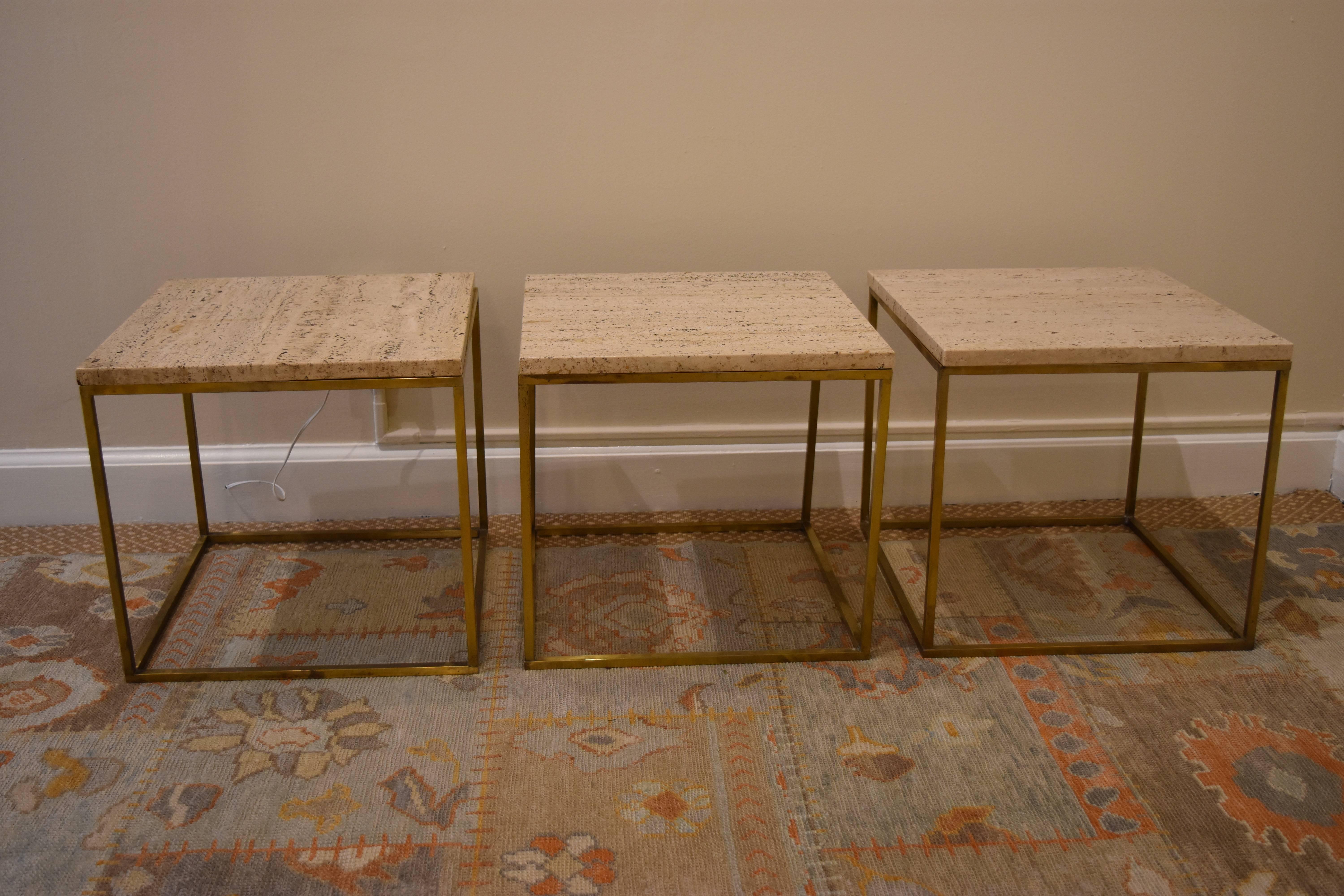 Set of Three Mid-Century Brass and Travertine Tables In Excellent Condition In Nashville, TN