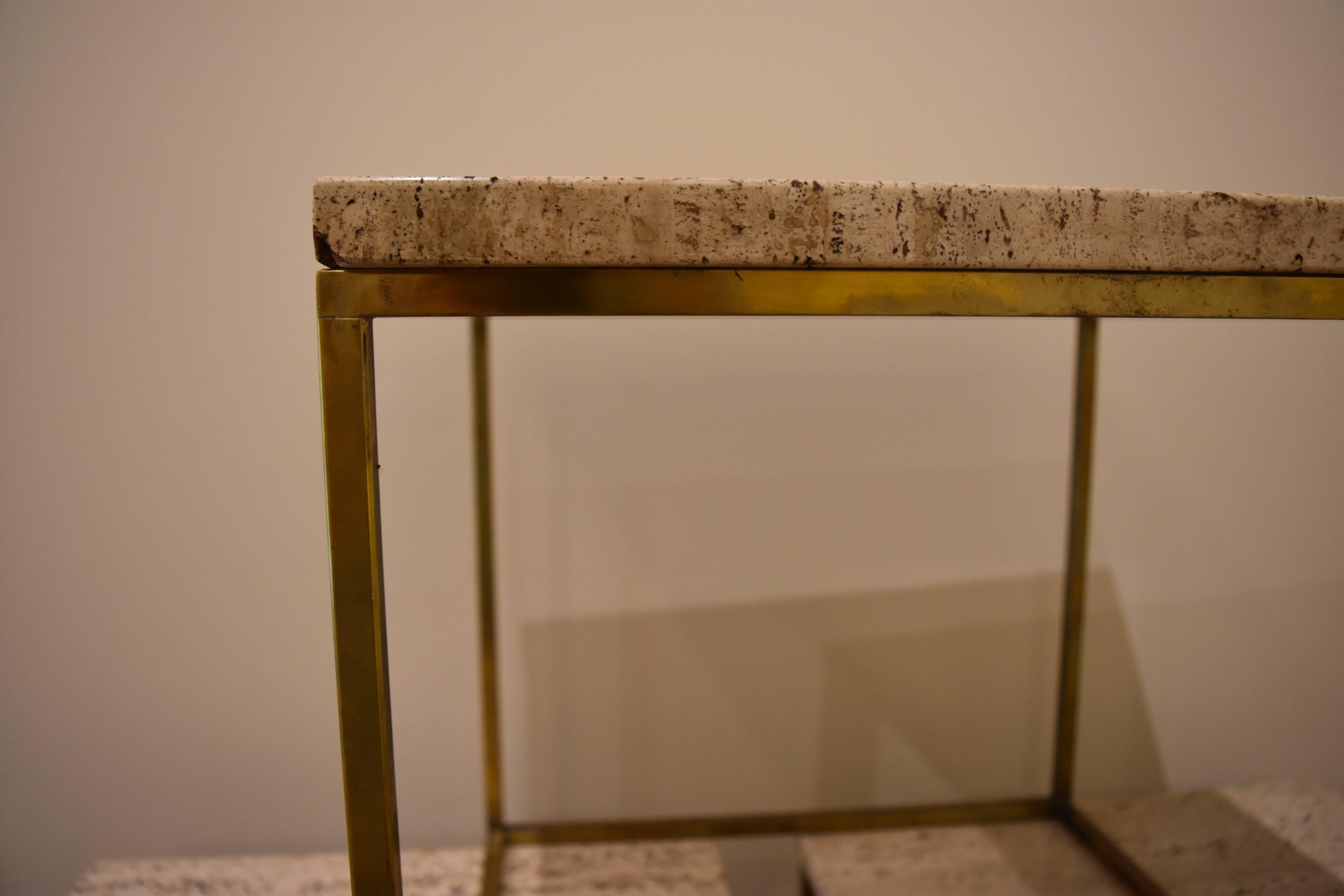 American Set of Three Mid-Century Brass and Travertine Tables