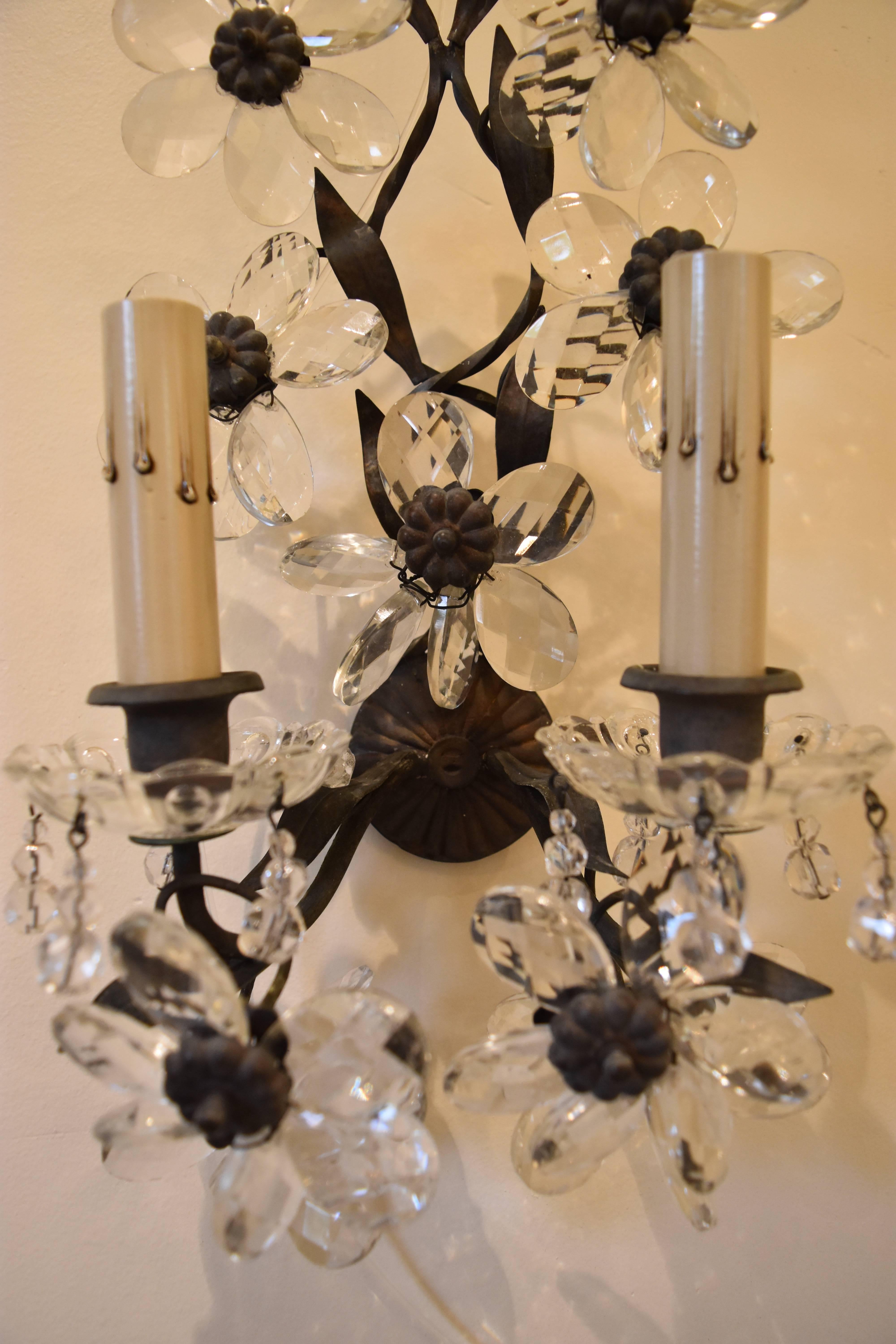French Set of Four Early 20th Century Maison Baques Style Flower Prism Sconces