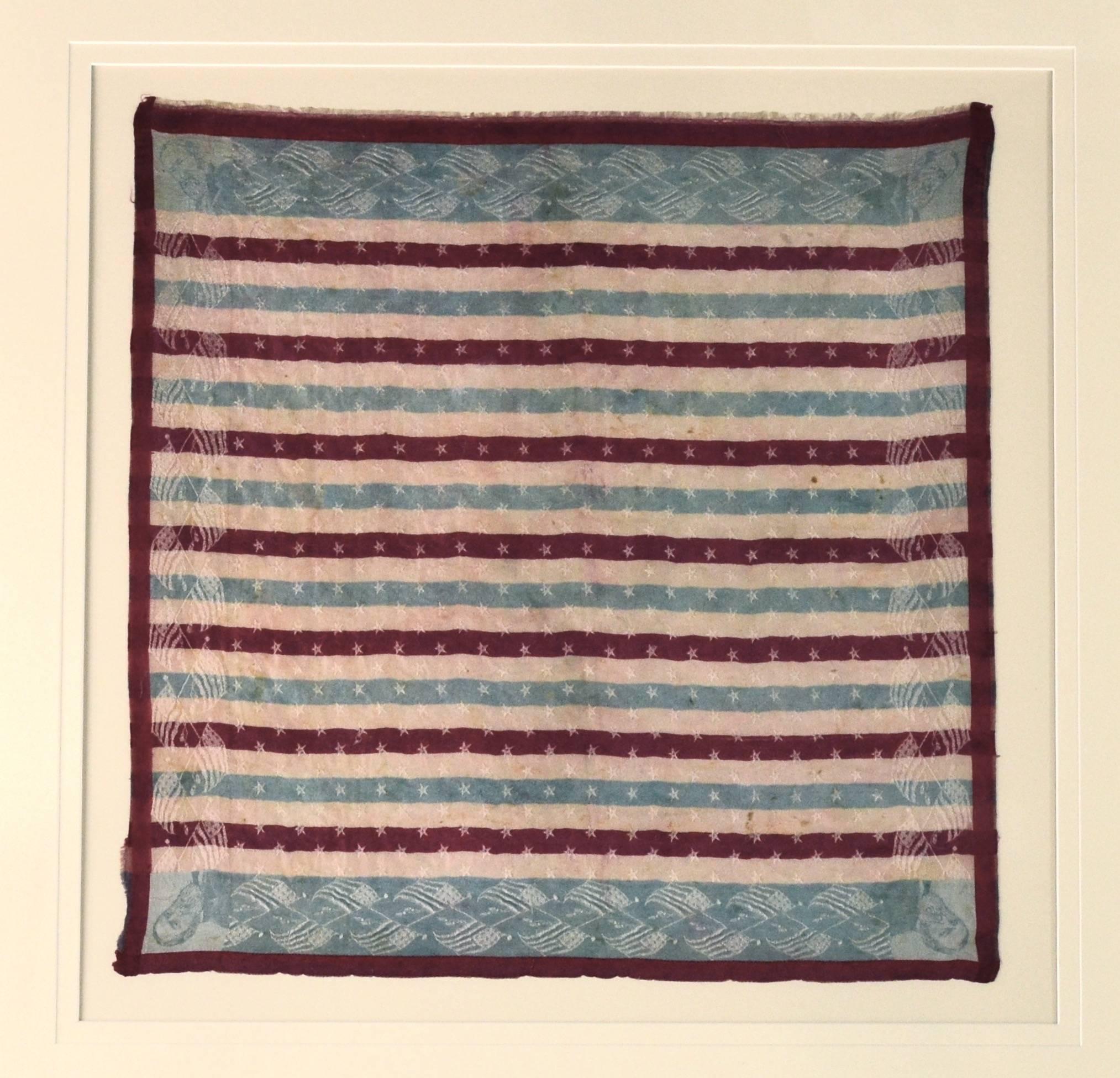 Antique 1889 Presidential Campaign Textile for Benjamin Harrison. See the intricate weaving of his image with flags throughout the beautiful textile. Called a 