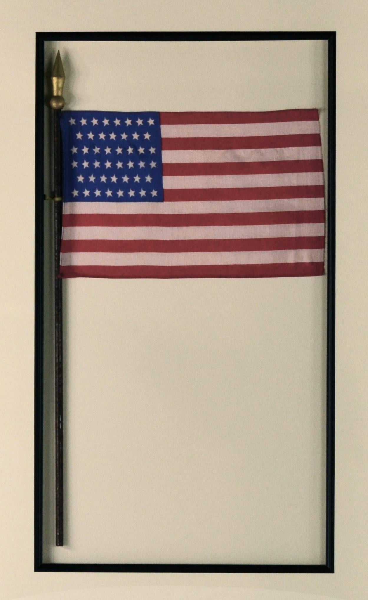 Authentic antique 46 star flag, made of silk still attached to the original stick.
Conservation framing with UV acrylic.
               