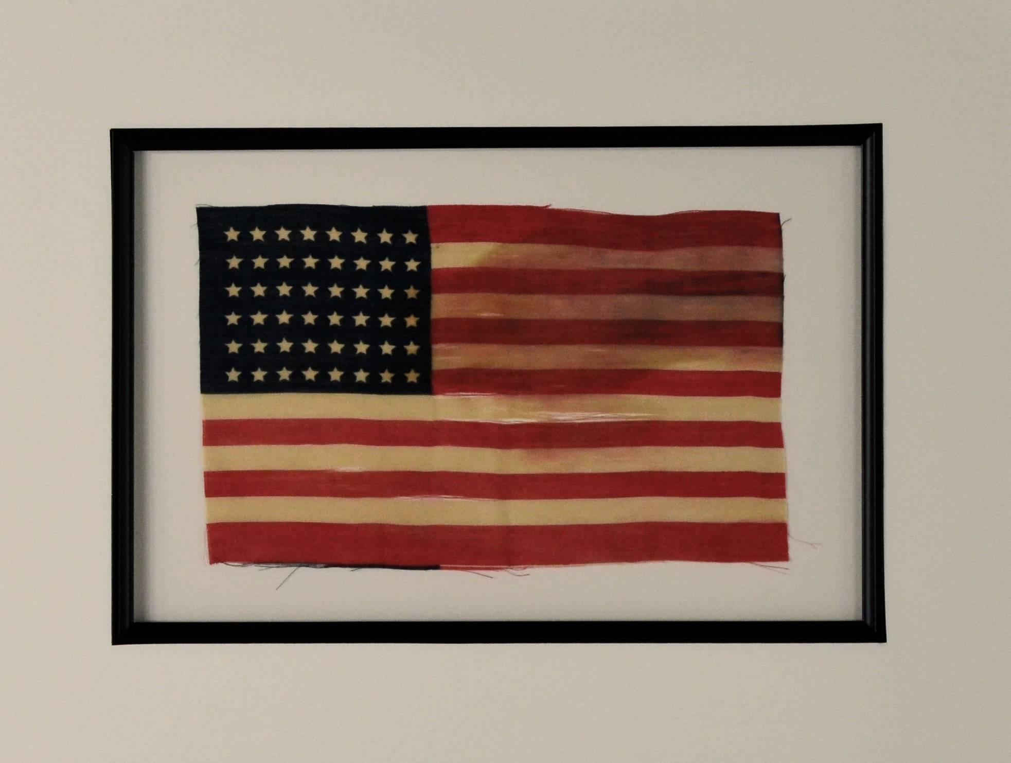 Authentic antique vintage 48 Star Flag made of silk. The 48 Star Flag was used from 1912-1959.
Museum framing with UV acrylic.
 