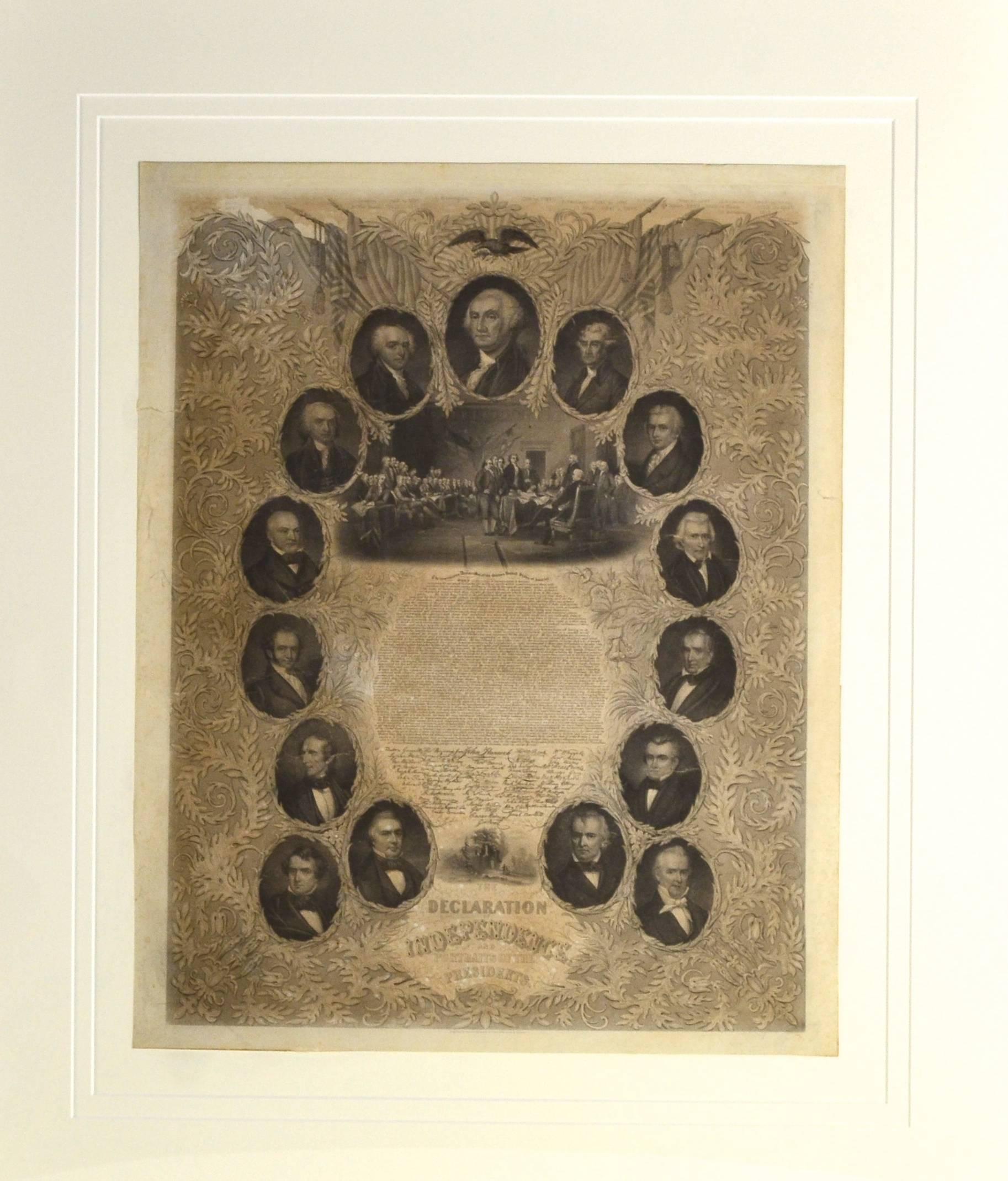 A elaborate and highly embellished 1857 printing of the declaration of independence dated 1857. The Declaration is in the middle surrounded by medallions featuring the first 15 Presidents. Printed by Ullman and Sons 603 Arch St. Phil Pa.
Museum