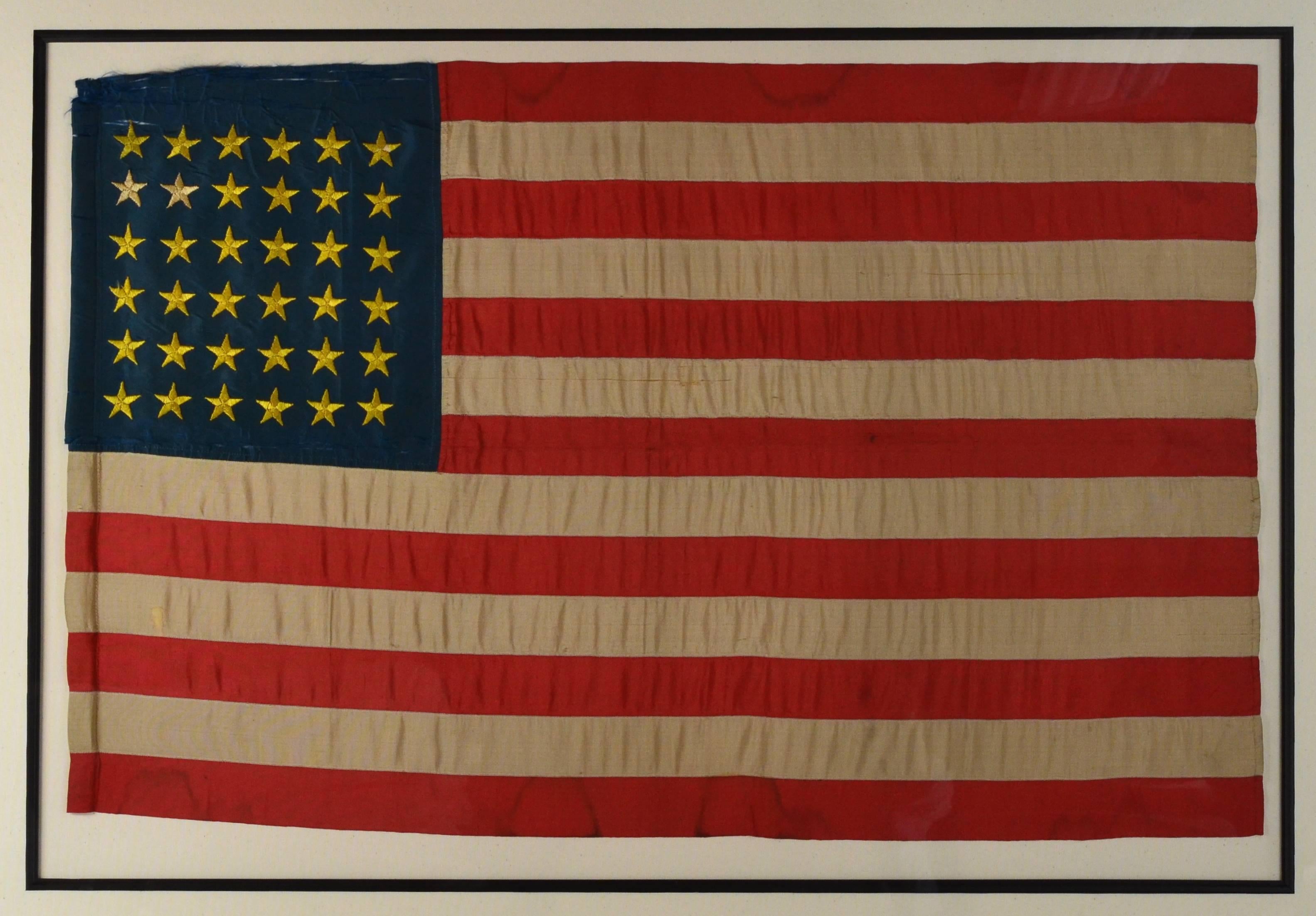 Exceedingly Rare 36 Star Civil War “National Colors” Flag
 A“Generals Guide” Flag 
Made by Tiffany & Company.
Tiffany contracted with the US Army to make regimental, Guidons, Flank Markers and National Colors flags 
for Units, Generals,