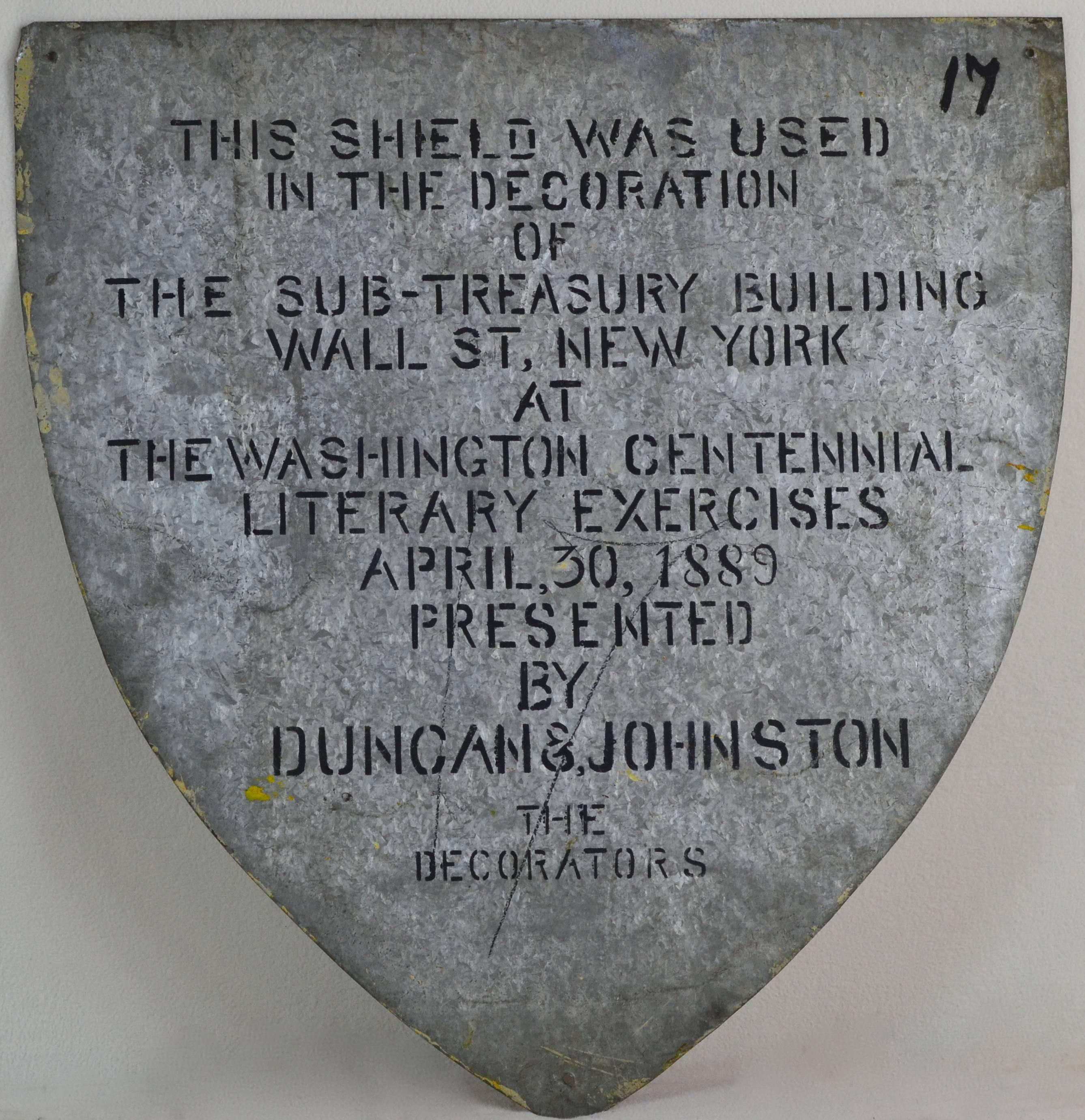 This is the original and one of a kind antique Federal shield panel that was hand-painted on tin of The OHIO State Seal.
It was hand made to decorate the Sub-Treasury Building on Wall Street in New York City for the Washington Centennial Literary