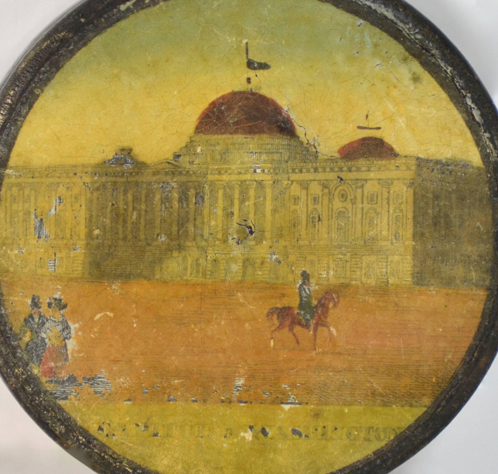 Very rare antique and important papier mache snuff box, American interest.
The Capitol At Washington DC, rare early view.
This is a very rare item in the form of a papier mache snuff box but with a historical interest painting on the top. It is