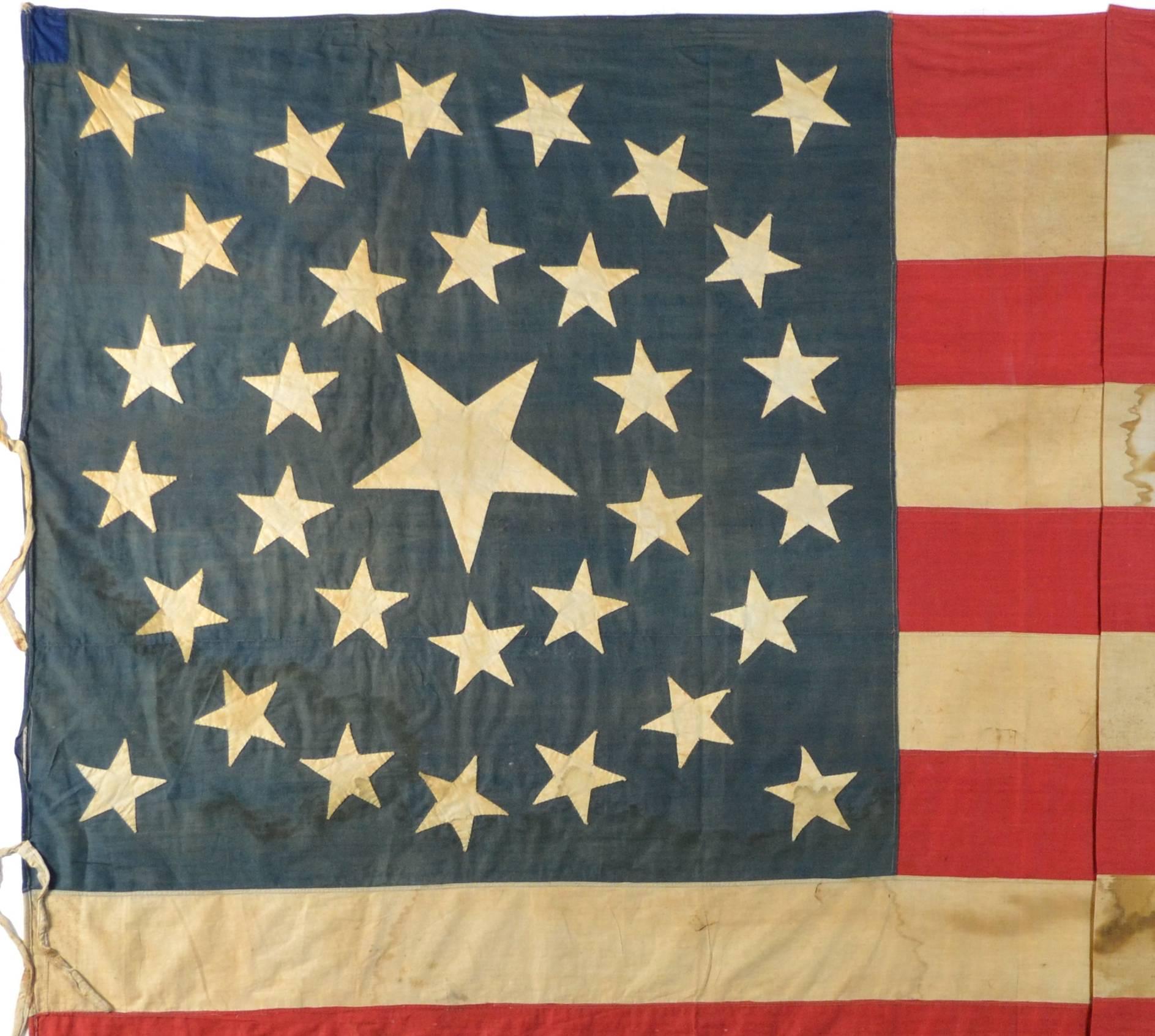 American Classical Rare Hand Sewn 32 Star Medallion Flag, circa 1858 For Sale