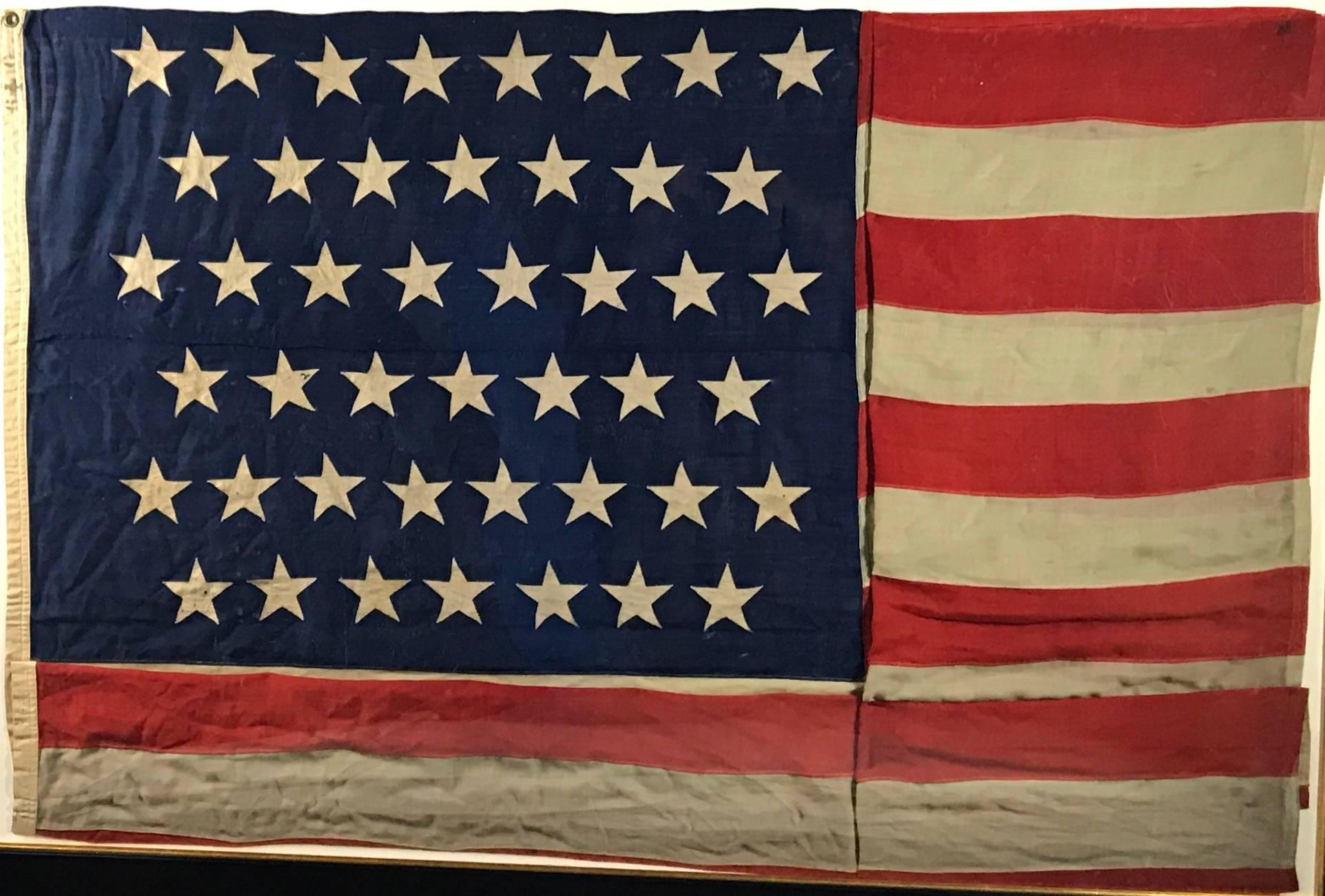Large framed antique 45 star flag, circa 1896.
Frame size 56 high and 80 wide. Museum framing with UV acrylic.
45 star flags are popular due to the connection with Teddy Roosevelt and the rough riders serving in The Spanish American War. The flag