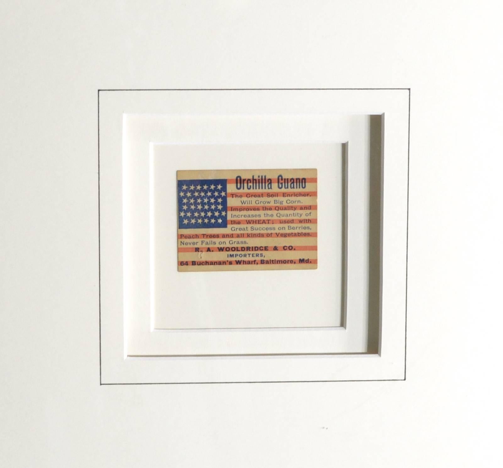 Really a interesting patriotic relic. Advertising card selling bat guano with a 38 star flag on it. The flag is unusual and rare because the star arrangement. Alternating rows the stars lean left then lean right. Also has two sizes of stars. If you