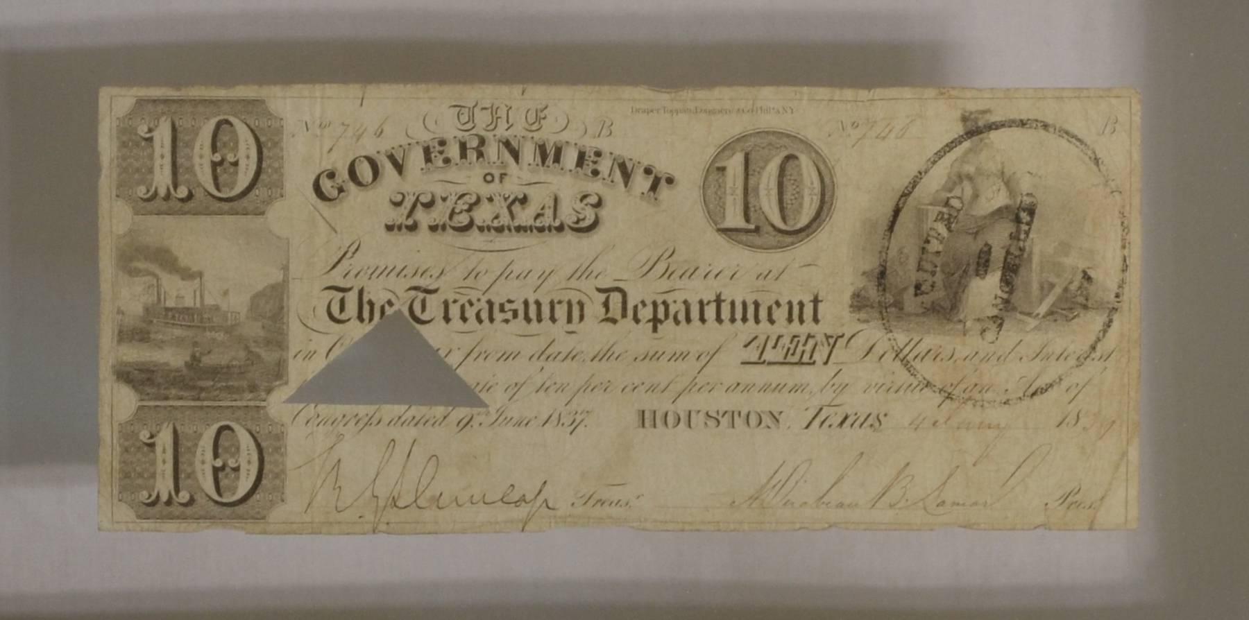American Classical Republic of Texas $10 Note, Antique circa 1837 For Sale