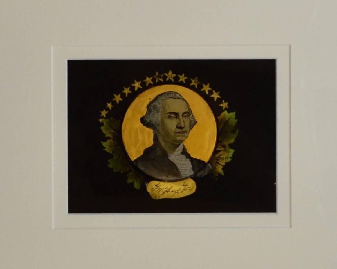 Antique reverse glass painting of George Washington from a clock case. Excellent quality and detail. George is depicted with 14 stars above his head which could be a date indicator of manufacture pre-1800. Very early style of painting. Frame 18x16