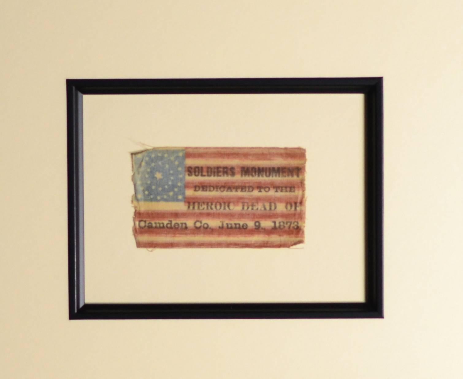 Rare 38 Star Flag from 1876 with a very rare star arrangement called a double wreath medallion with large center star. Made to celebrate this event. Made of starched gauze.
Flag is 2"x3.5" Frame 16"x17"
Museum framing with UV
