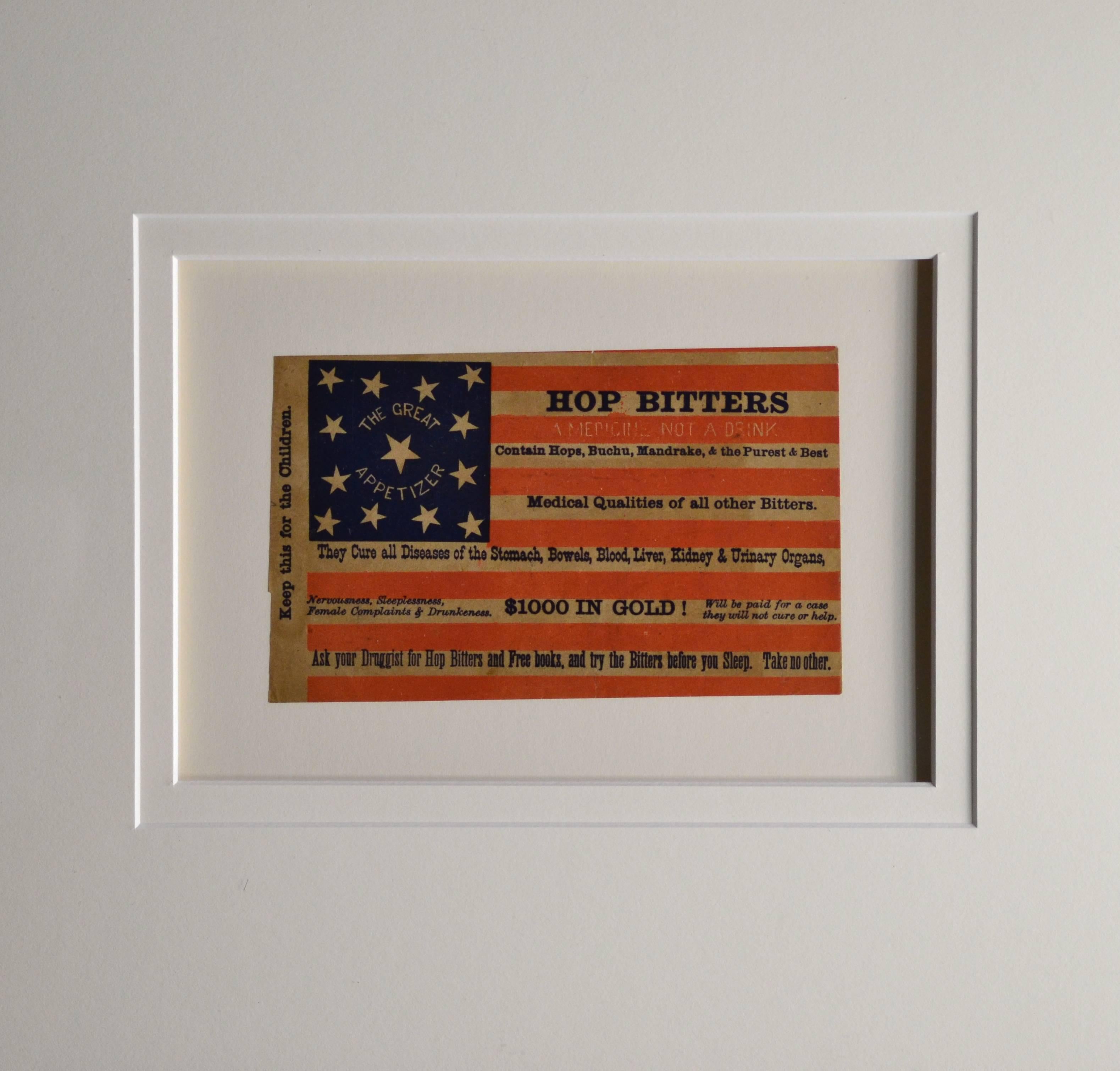 Antique 13 Star Hop Bitters Advertising card. The flag on the card has a very rare star arrangement. Printed on a tick paper that has turned brownish, hand trimmed. The frame is 15.5" x 20" The card is 4.5" x 7" These ere used