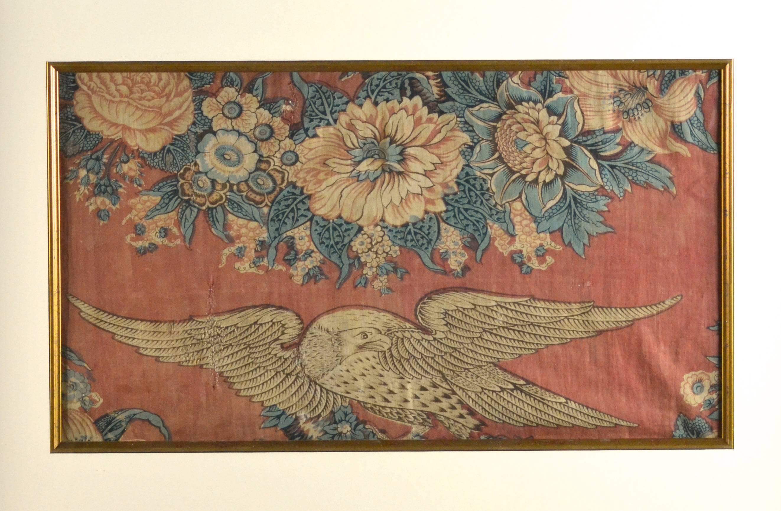 Antique textile probably French or English for the American market used for curtains, wallpaper and chair seat covers. Made of cotton. It features a spread wing Federal eagle in the Federal style, circa 1820-1840. It has several really nice repairs