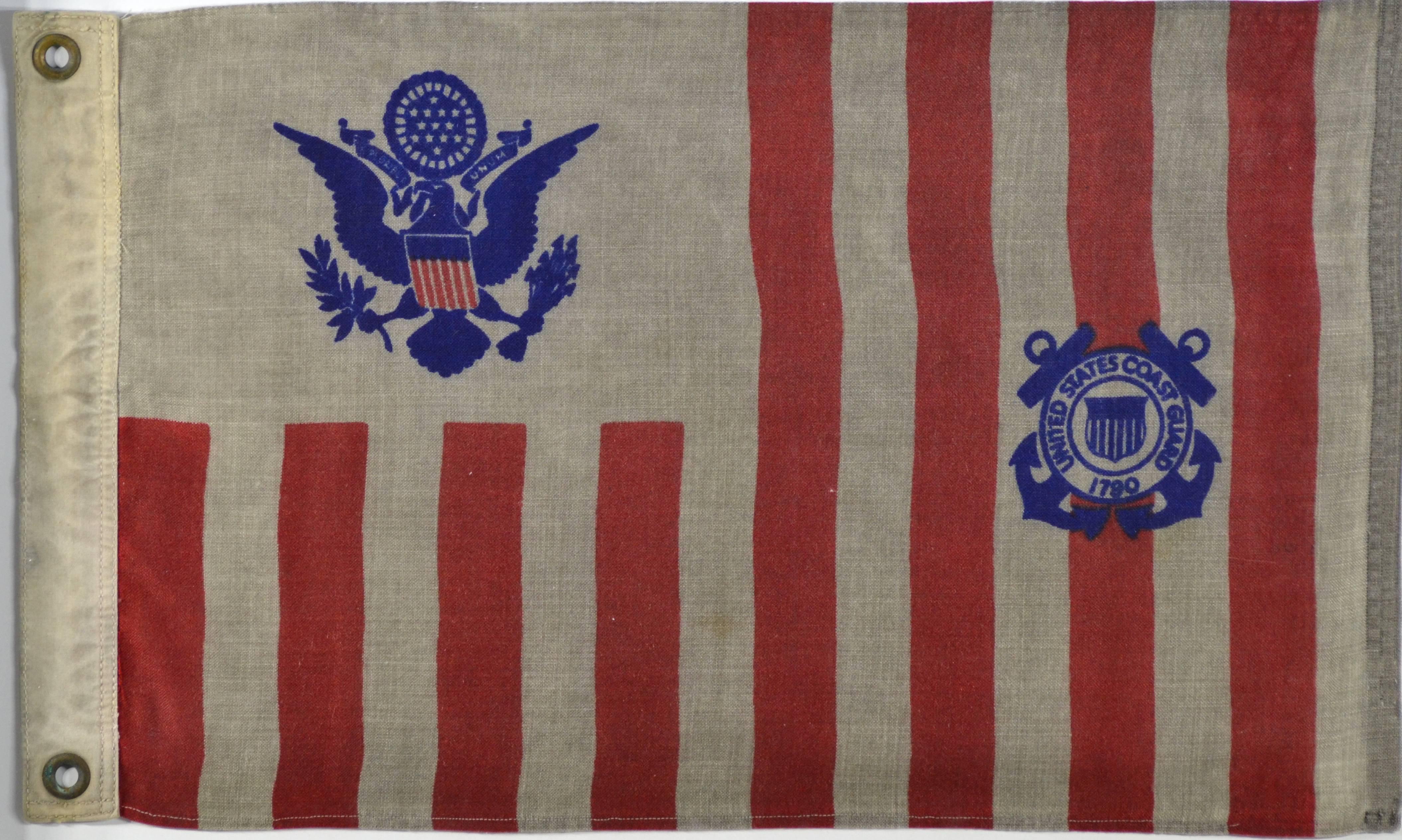 Beautiful and hard to find antique Coast Guard flag made of wool. Hand pressed brass grommets, canvas hoist, the fly end is stitched and is finished as a hoist would be. This is because it helps withstand the harsh weather conditions on a boat.