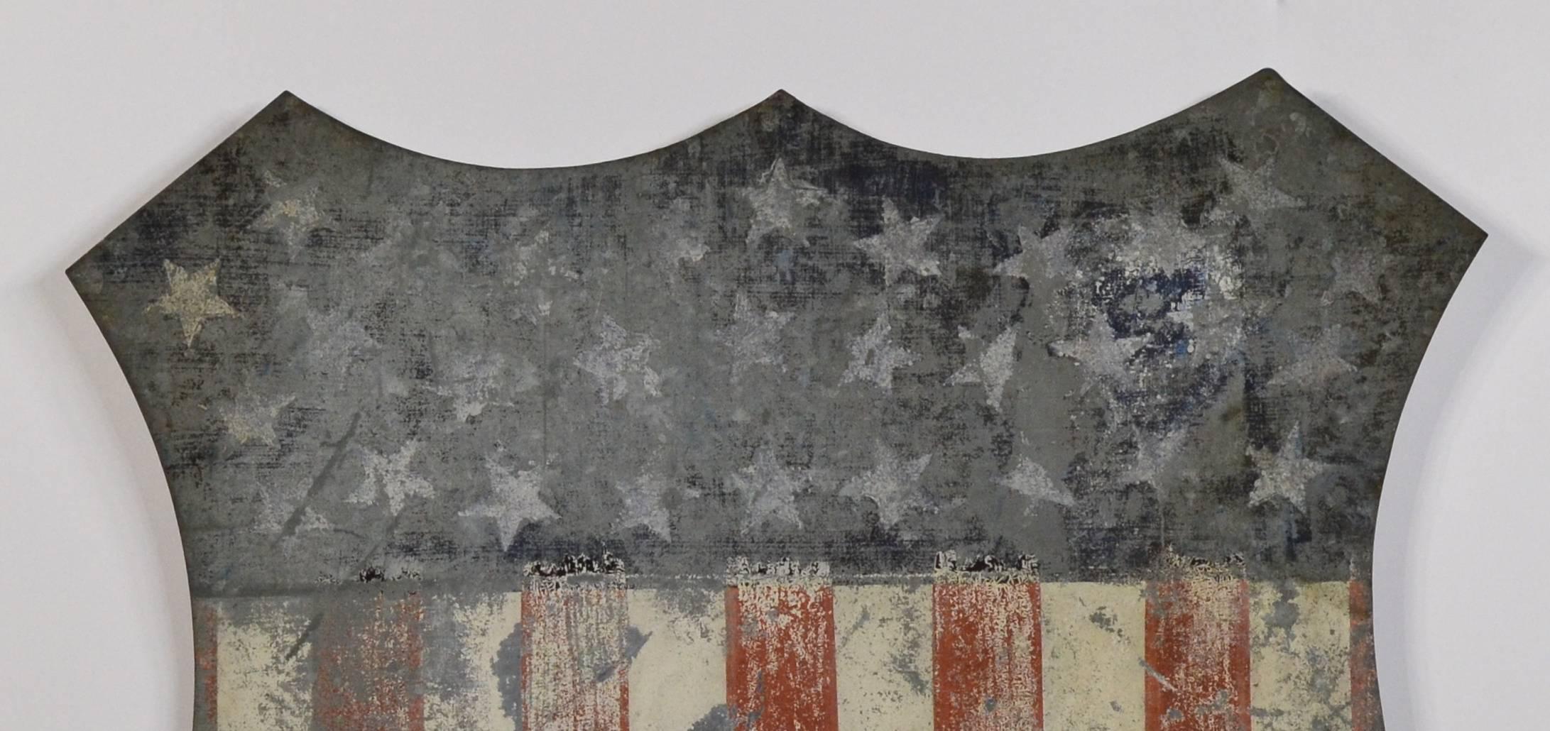 Rare hand-painted Federal shield on tin with 30 stars. The 30th State was admitted to the Union on July 4th 1848. You can see on the back side there are 3 tubes where stick flags can be inserted. Federal shields are associated with patriotic events