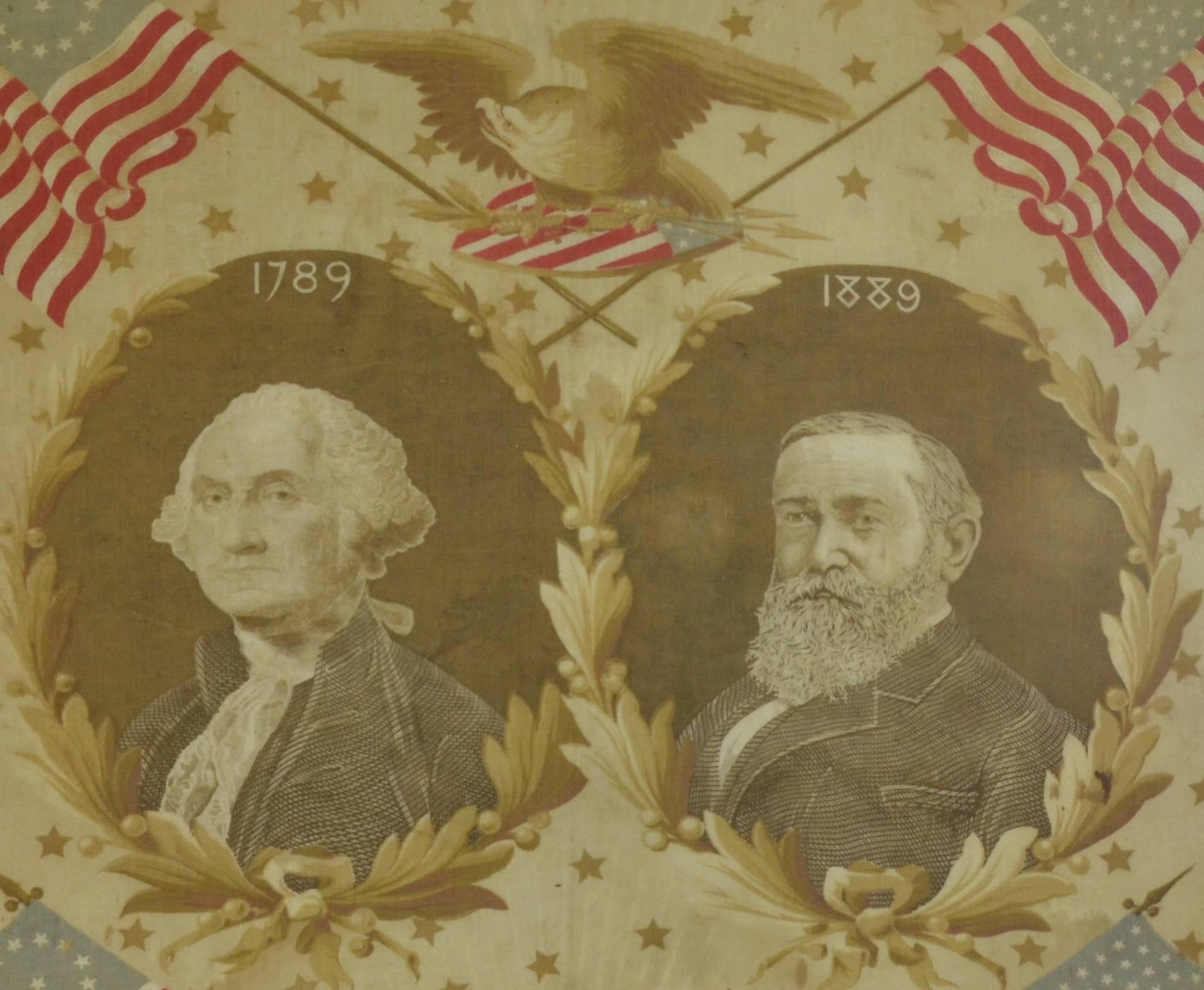 Antique presidential campaign textile for Benjamin Harrison shown with our first President George Washington, circa 1889-1890. Printed on cotton.
#21970
Historical Americana.