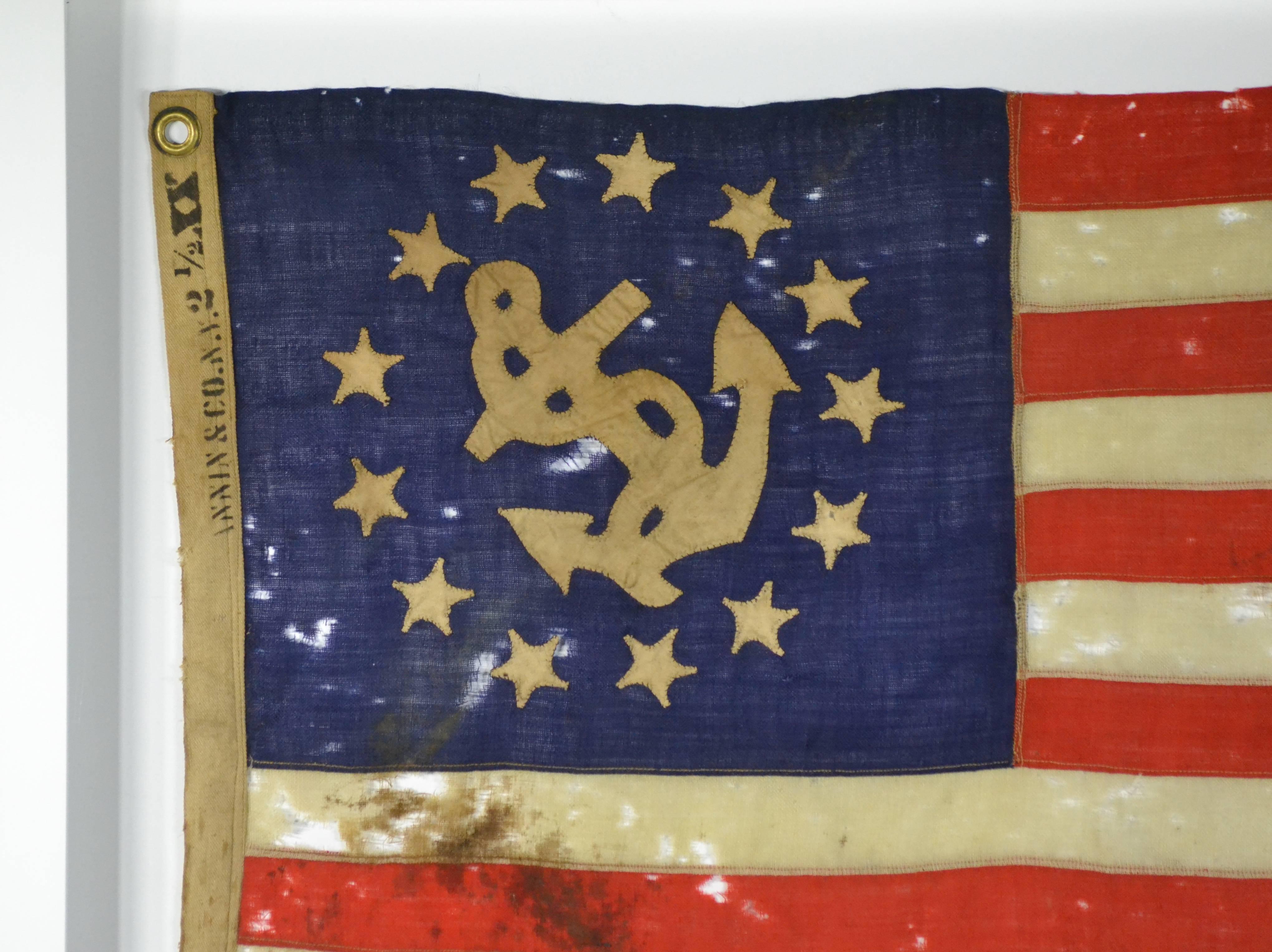 Hard to find antique nautical boat yacht flag. Made of wool. Hand-cut and hand-sewn linen stars and anchor. Canvas hoist with two hand pressed brass grommets. Individual hand cut and pump treadle sewn stripes. Triple single line treadle sewn fly